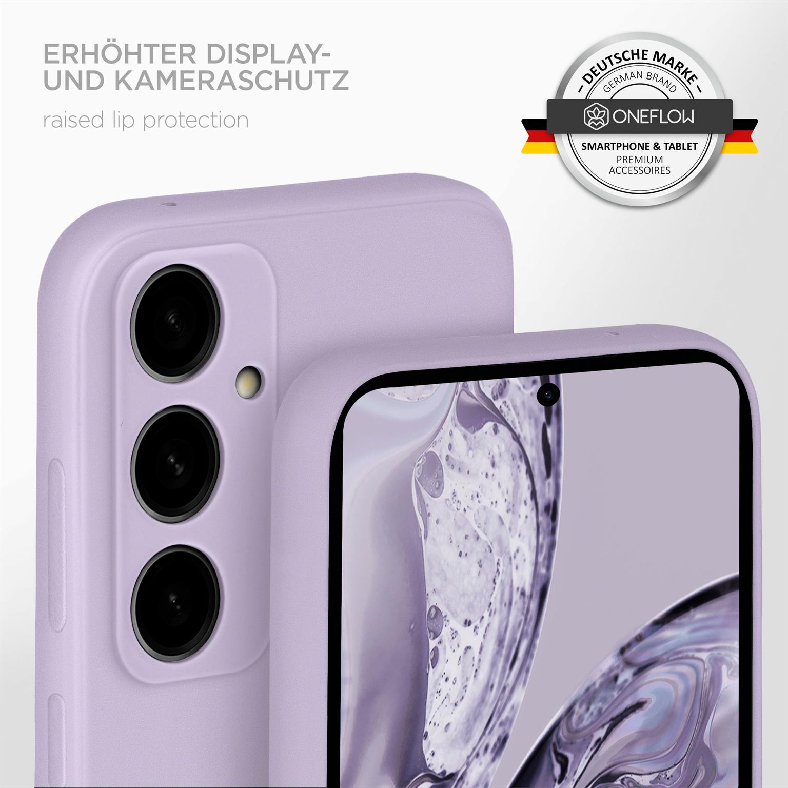 Eine lila Handyhülle mit erhöhtem Rand, die Kamera und Bildschirm schützt. Das Telefon ist sichtbar.