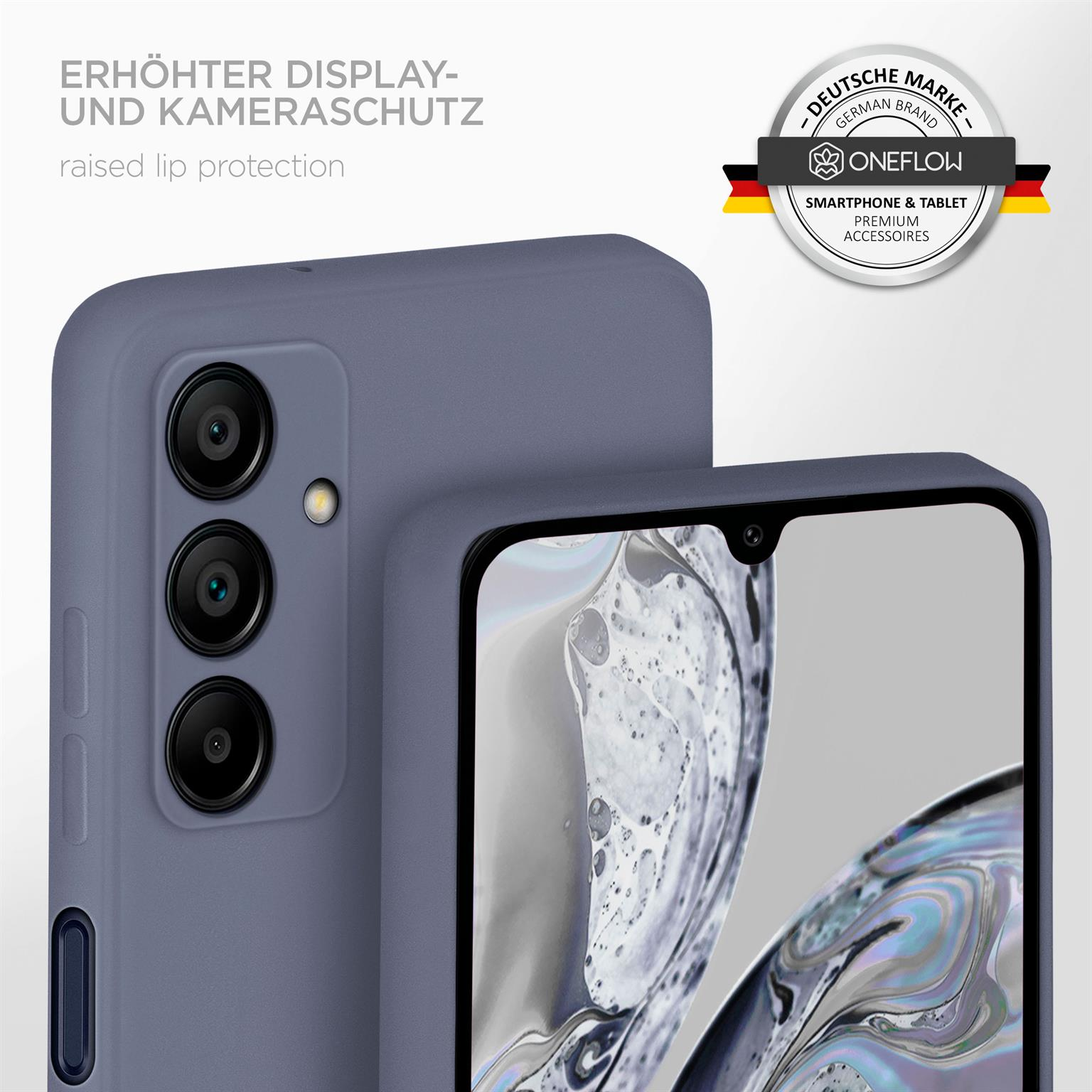 Nahaufnahme einer Handyhülle mit Kamera und Handy, die Hülle ist blau und das Handy schwarz.