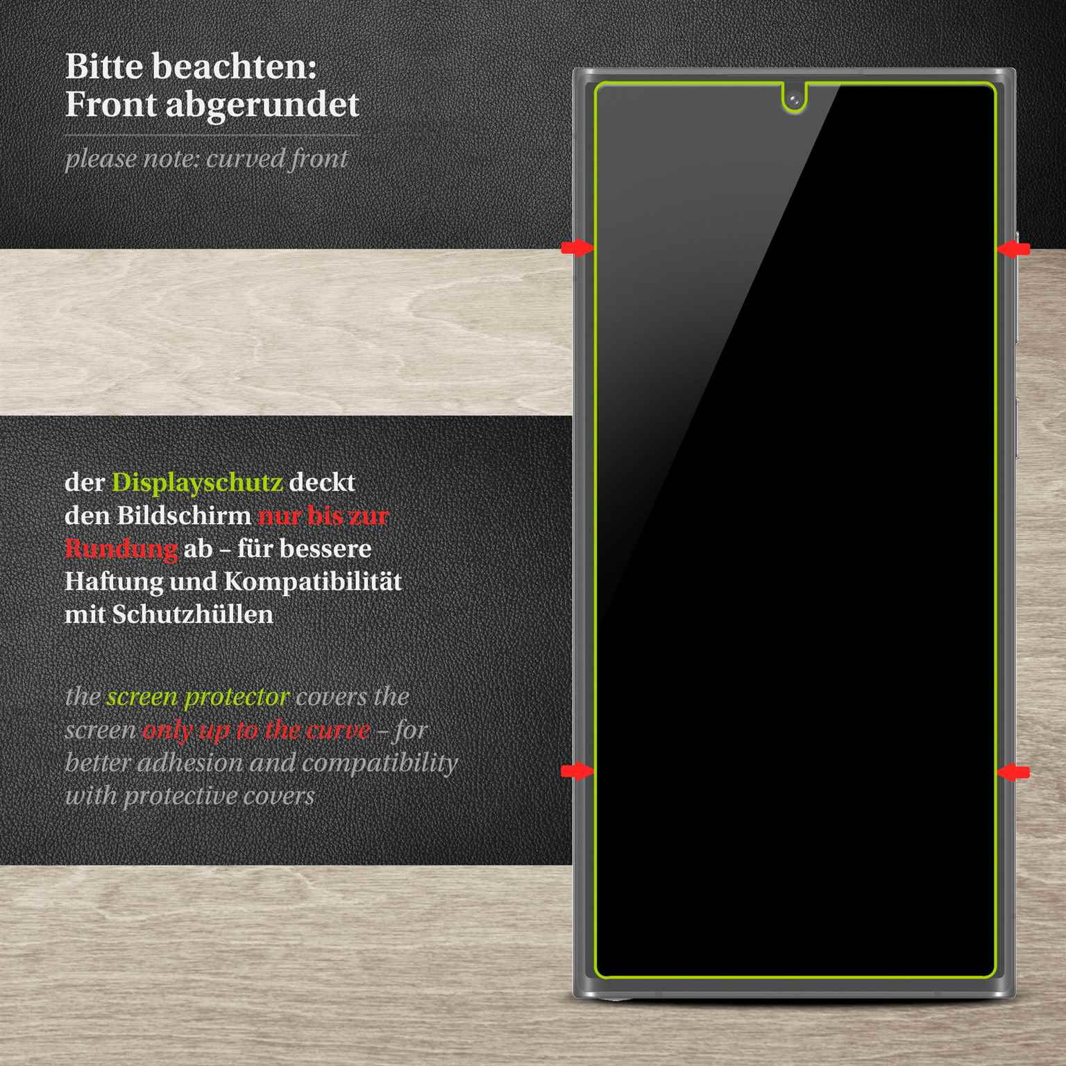 Displayschutz auf schwarzem Bildschirm. Text oben: abgerundete Front. Text: deckt den Bildschirm nur bis zur Rundung ab.