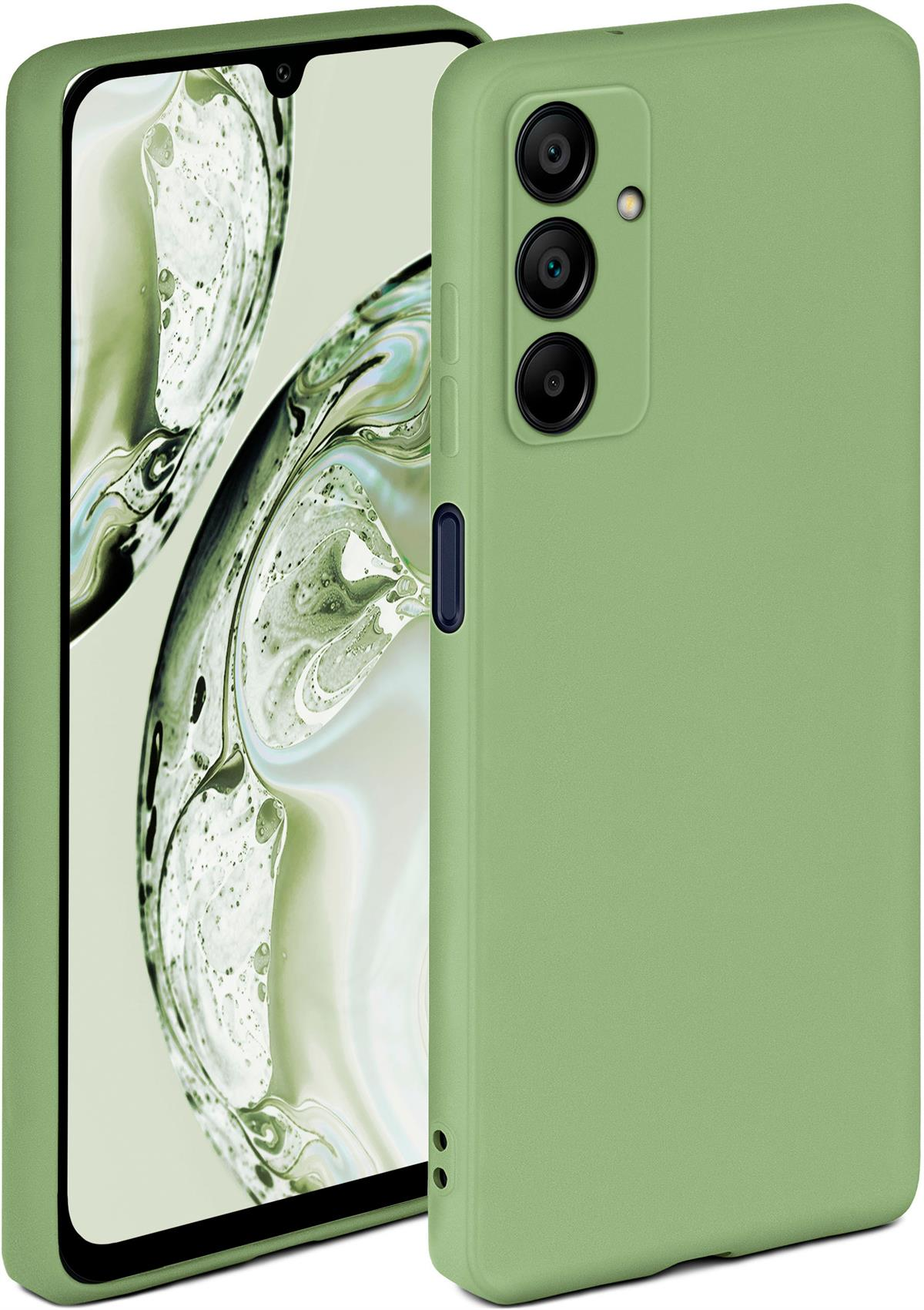Grüne Handyhülle mit Telefon. Das Telefon hat einen Bildschirm, die Hülle Kameraausschnitte.