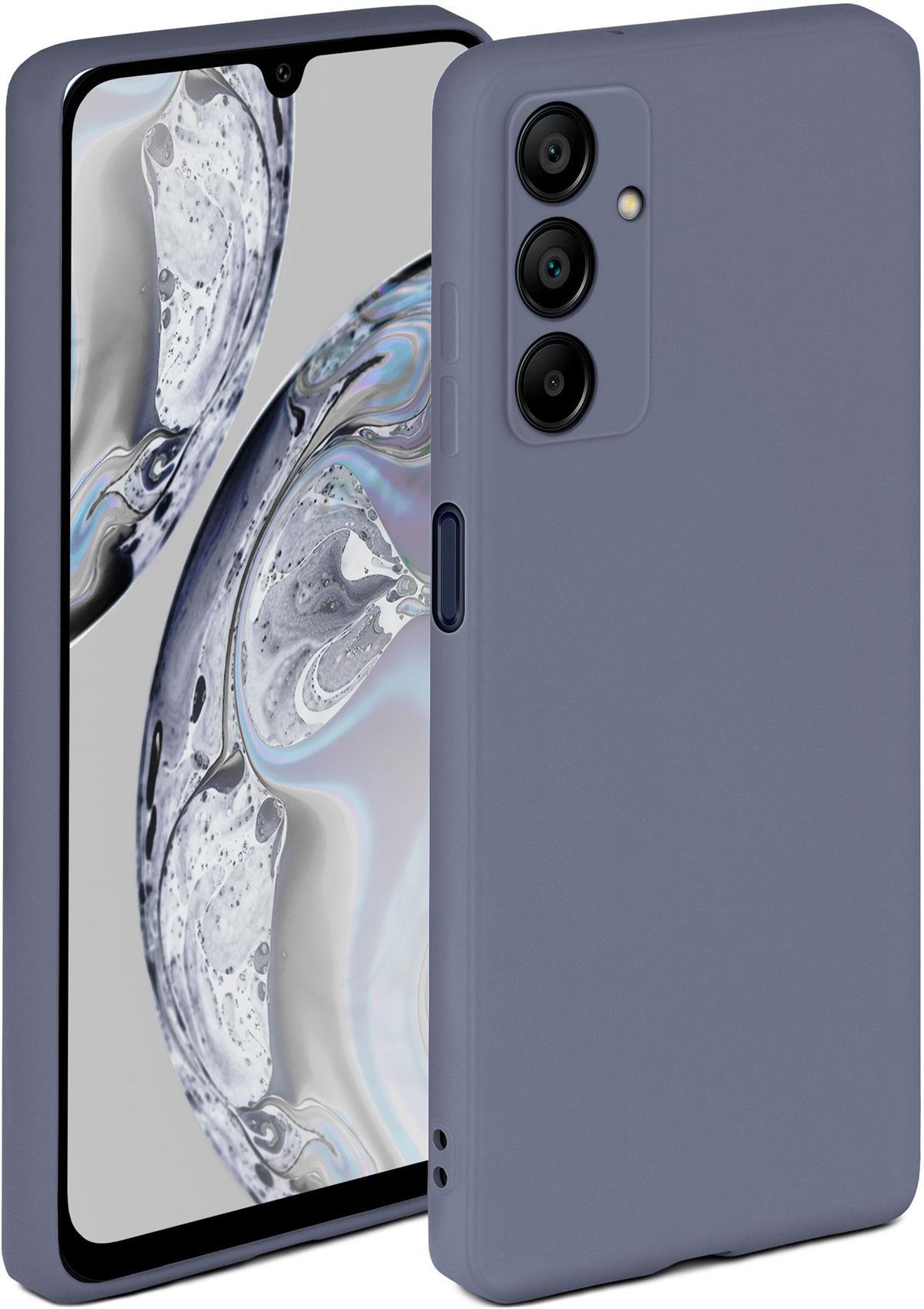Blau-graue Handyhülle mit eingelegtem Telefon, zeigt die Kameras und Seitentasten des Telefons.