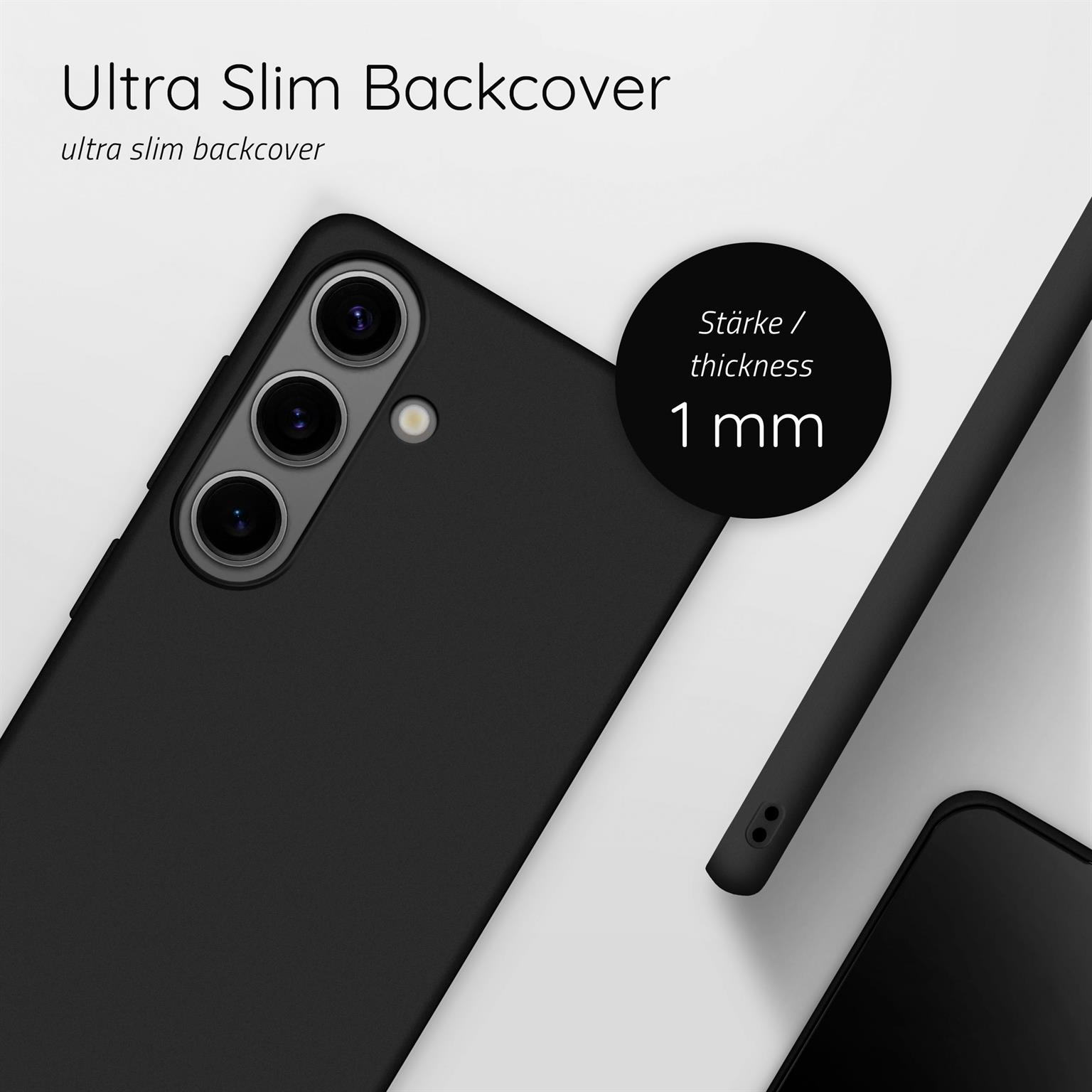 Schwarze Handyhülle. Ein Telefon befindet sich in der Hülle. Die Dicke beträgt 1 mm.