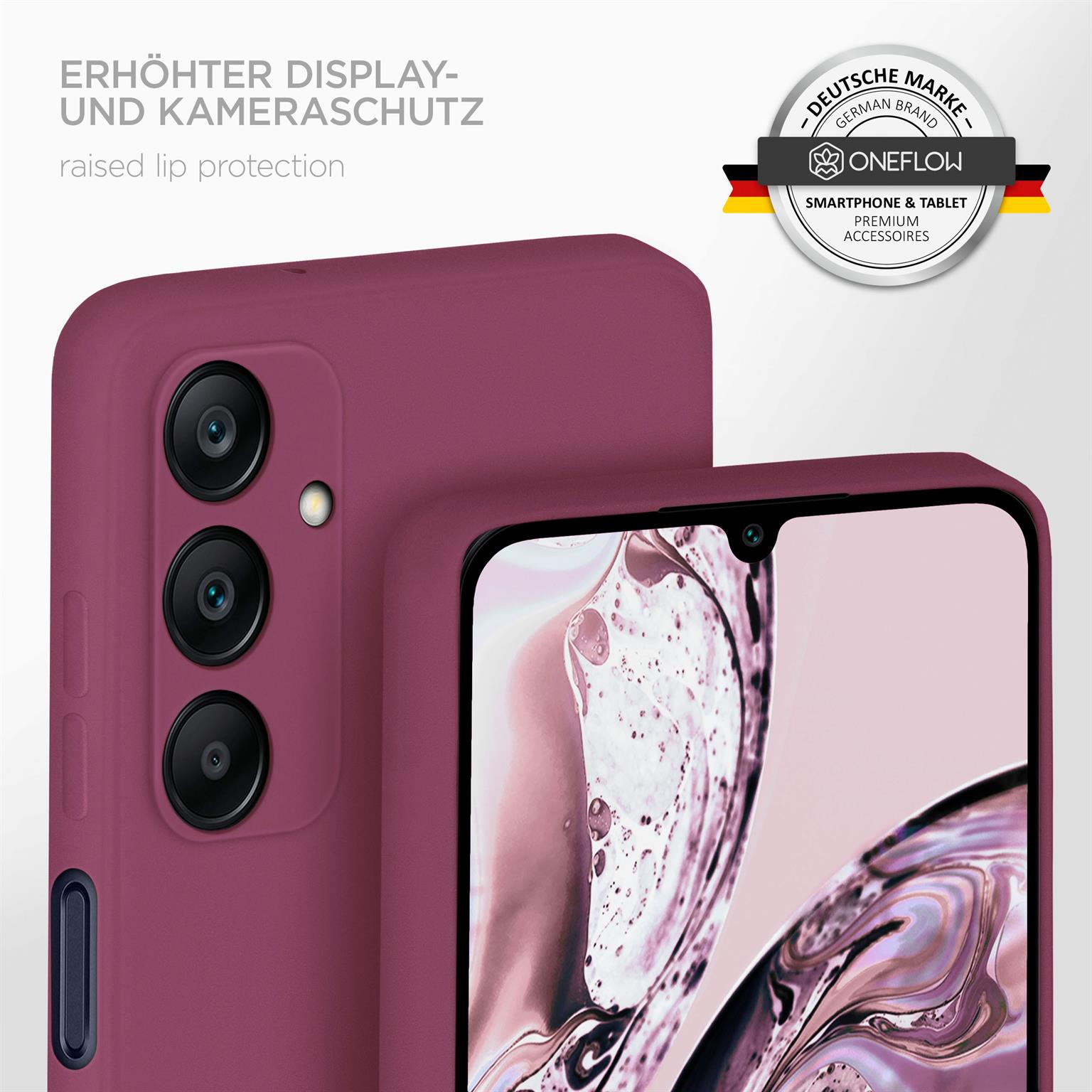 Lila Handyhülle mit Telefon. Bildschirm sichtbar. Erhöhter Schutz.