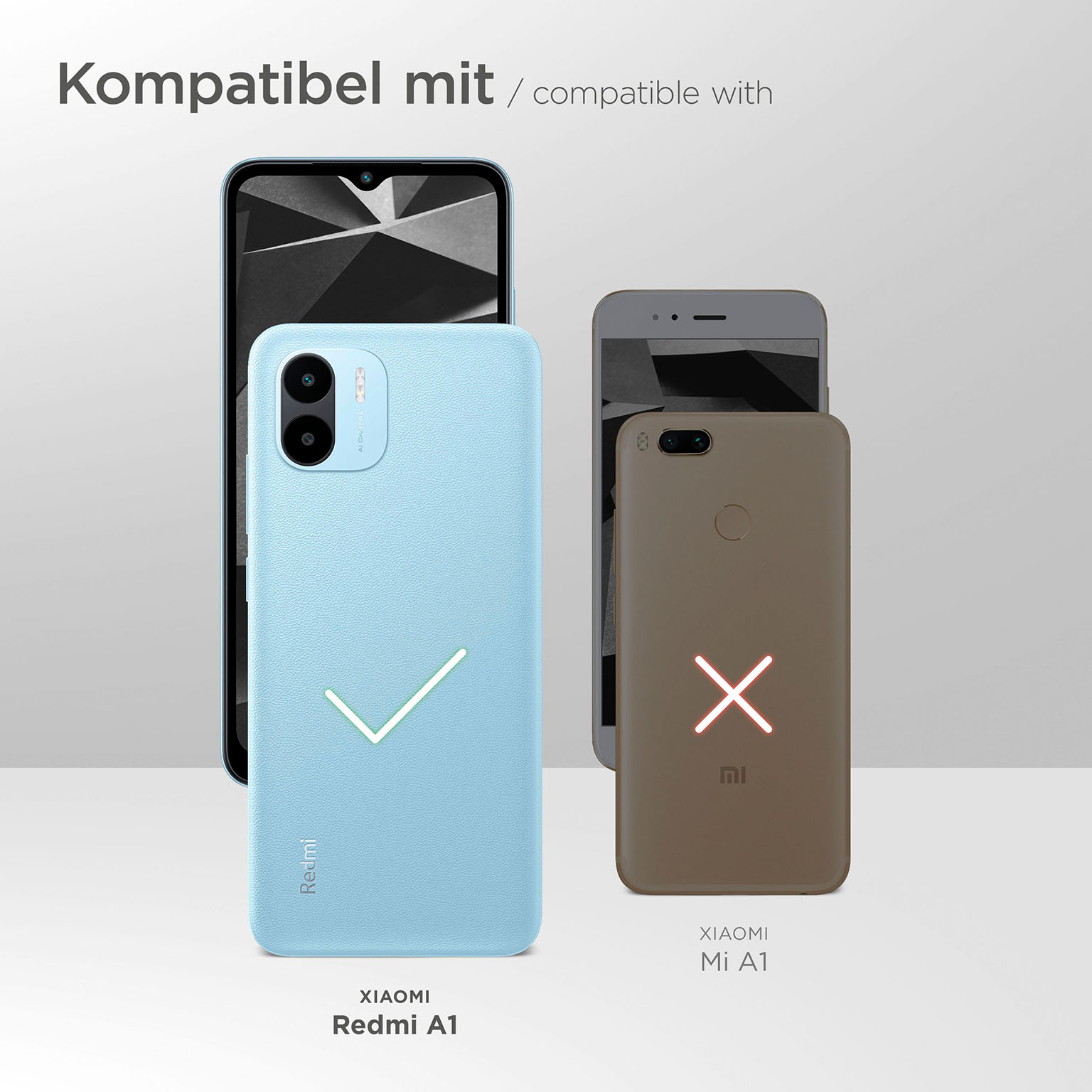 Zwei Telefone mit Hüllen, eines blau mit Haken, eines braun mit X-Symbol.