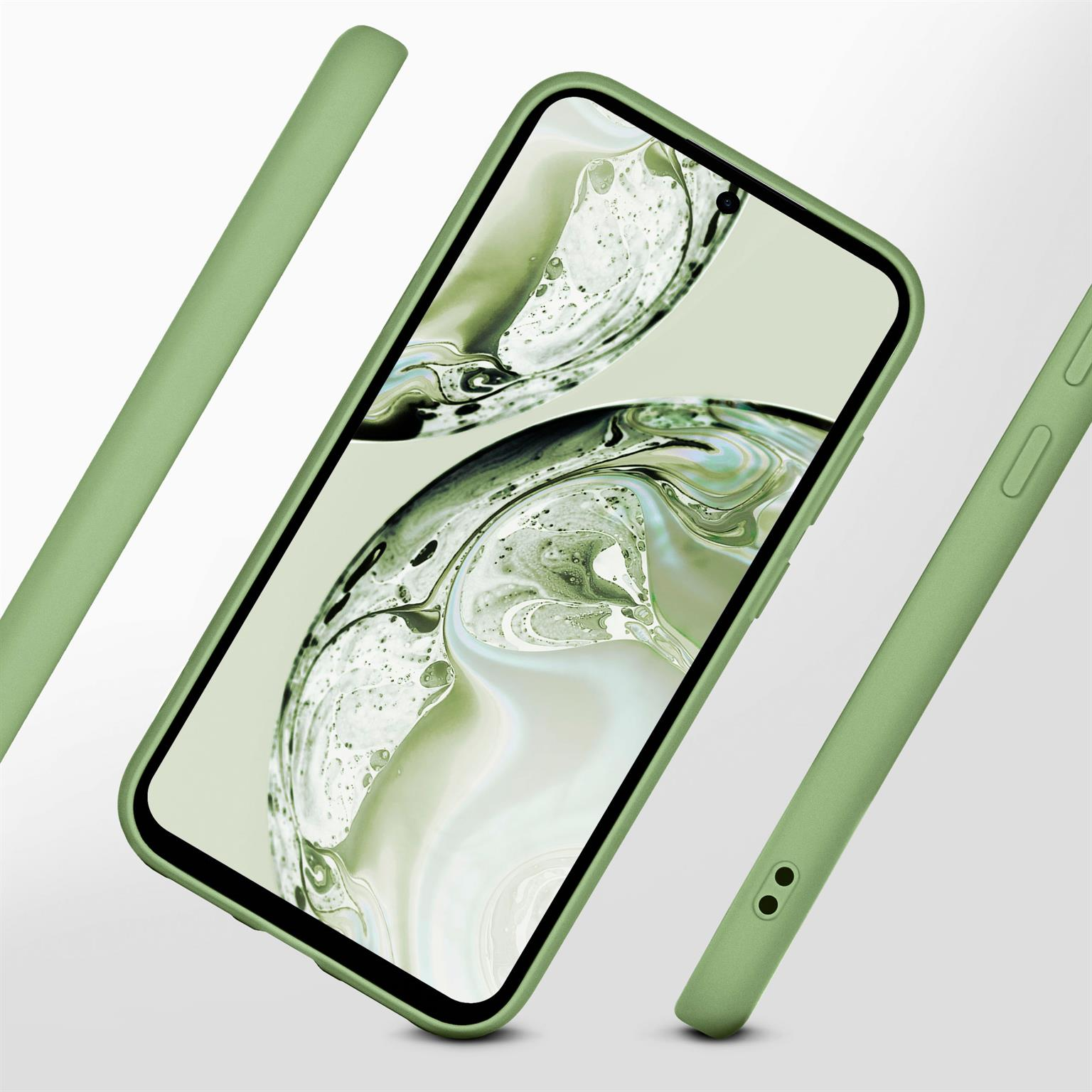 Eine grüne Handyhülle mit einem Telefon darin und mehreren Seitenteilen. Der Hintergrund ist hellgrün.