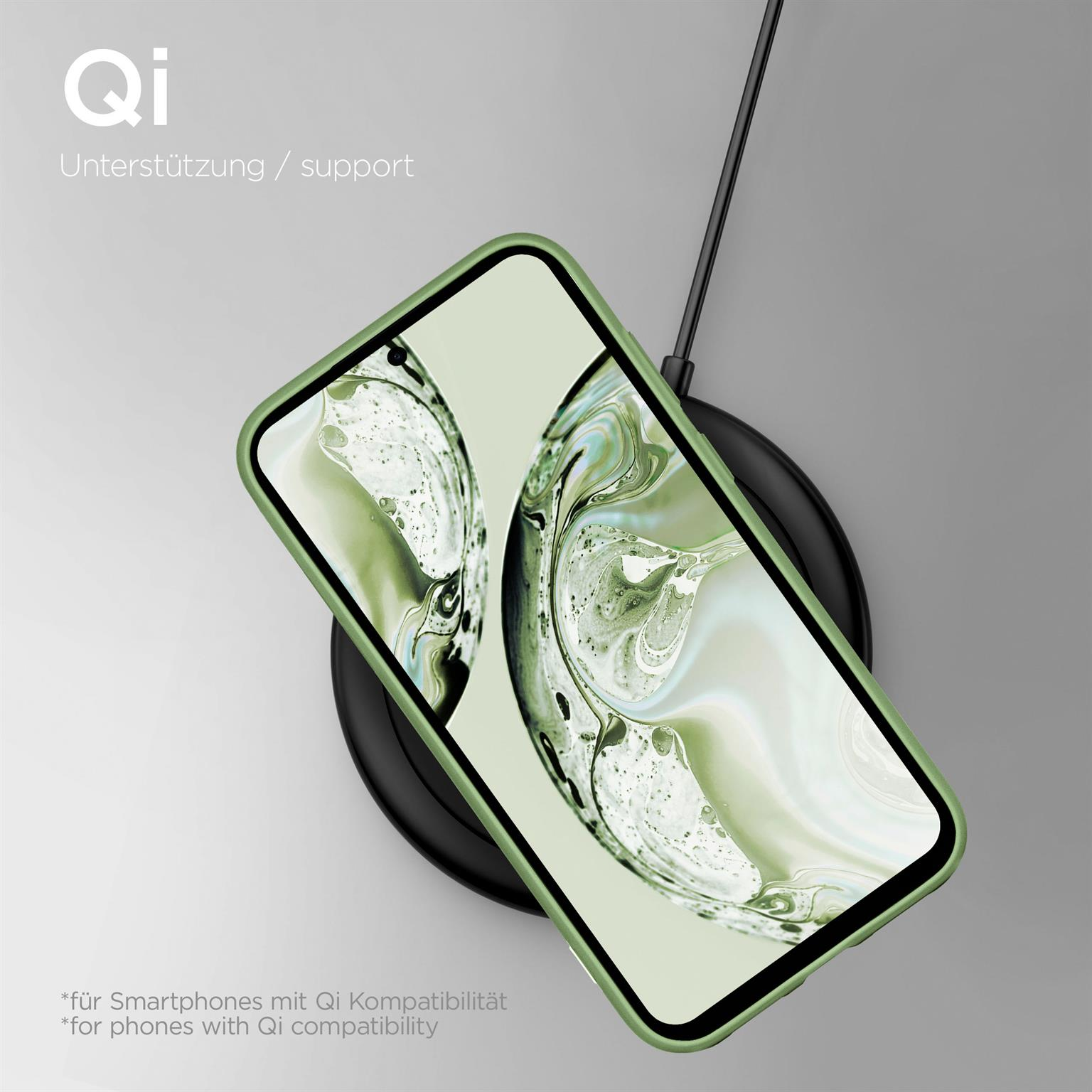 Grüne Handyhülle auf kabellosem Ladegerät. Text: Qi-Unterstützung. Schwarzes Ladepad auf grauem Grund.