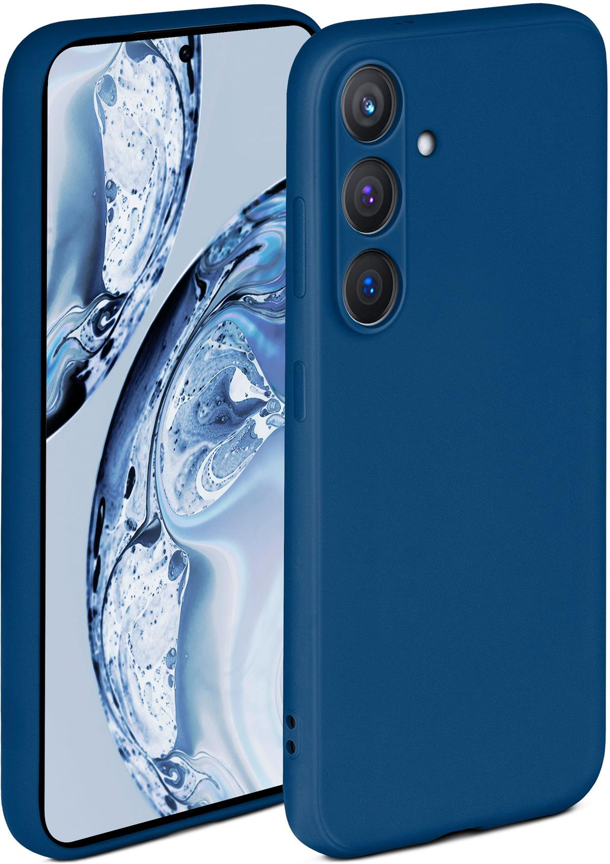 Blaues Telefon mit blauer Hülle, auf weißem Hintergrund.