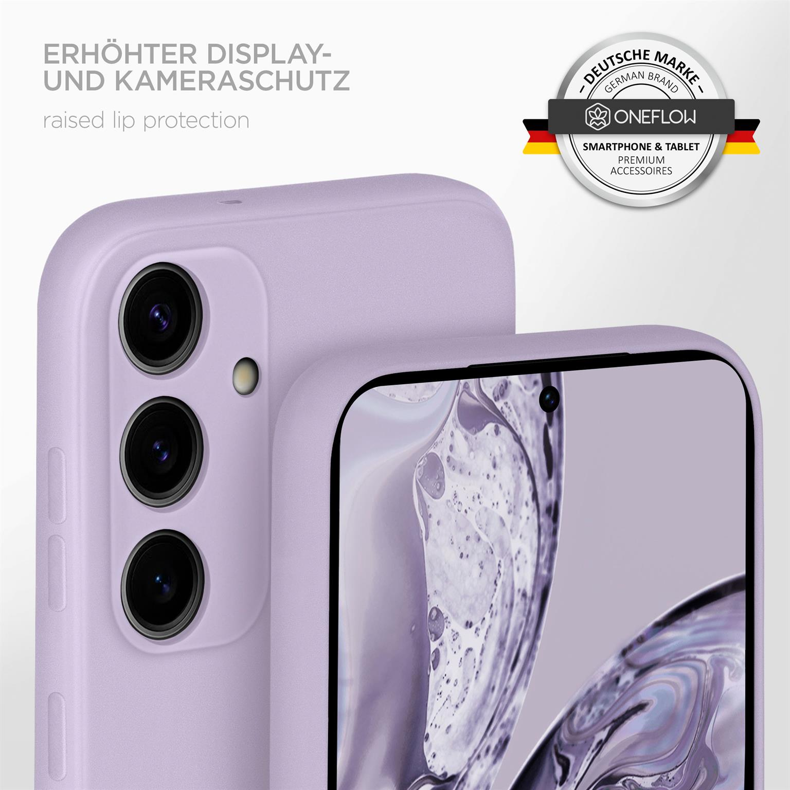 Lila Handyhülle mit erhöhtem Lippenschutz. Das Telefon hat drei Kameras.