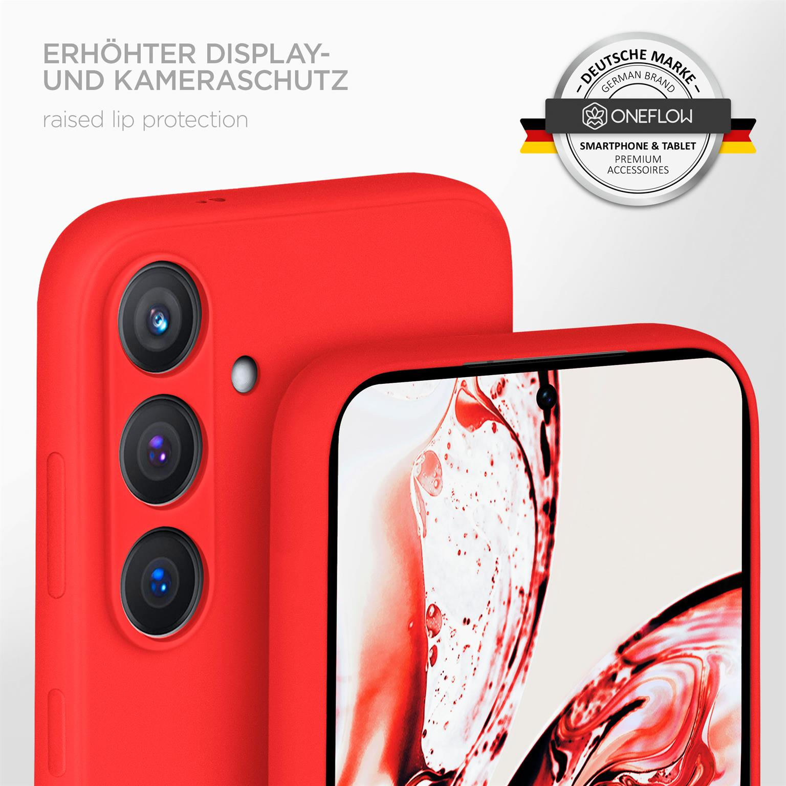 Nahaufnahme einer roten Handyhülle mit Smartphone, zeigt Kameralinsen und Handy-Rand.