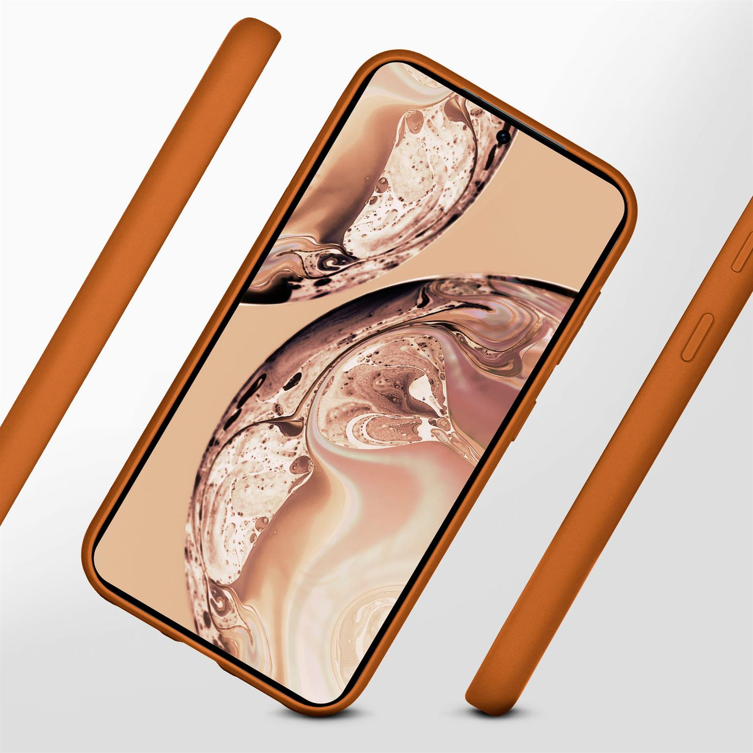 Orangefarbene Handyhülle, Bildschirm sichtbar. Die Hülle umschließt das Telefon. Das Telefon hat einen Bildschirm.