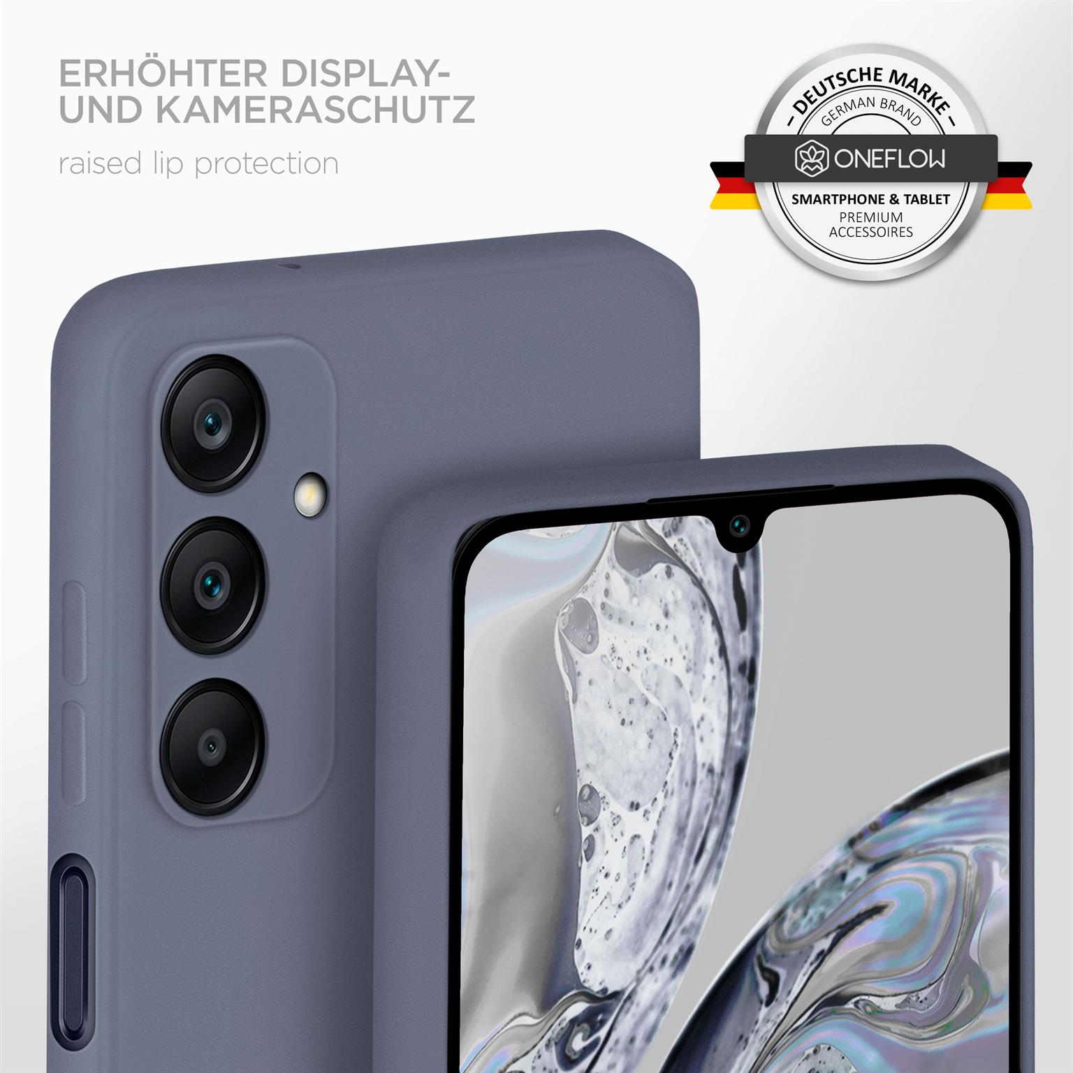 Telefon in Hülle. Erhöhter Lippenschutz. Logo oben. Graue Farbe.