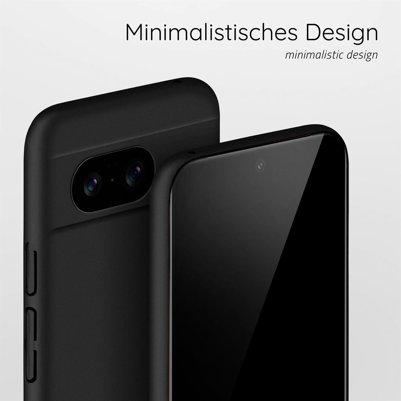 Zwei schwarze Handyhüllen. Eine ist hinter der anderen, zeigt die Rückseite und die Vorderseite.