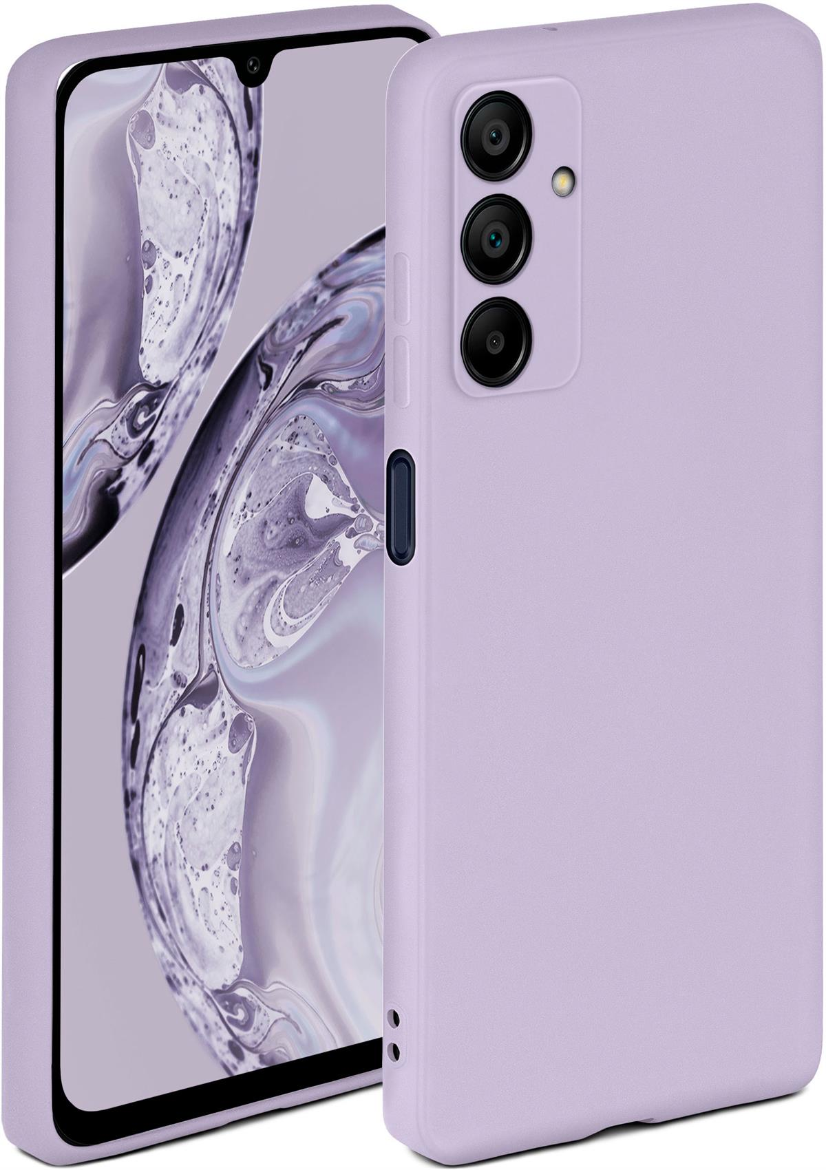 Fliederfarbene Handyhülle mit Telefon. Telefon hat drei Kameras und ein geschwungenes Design.