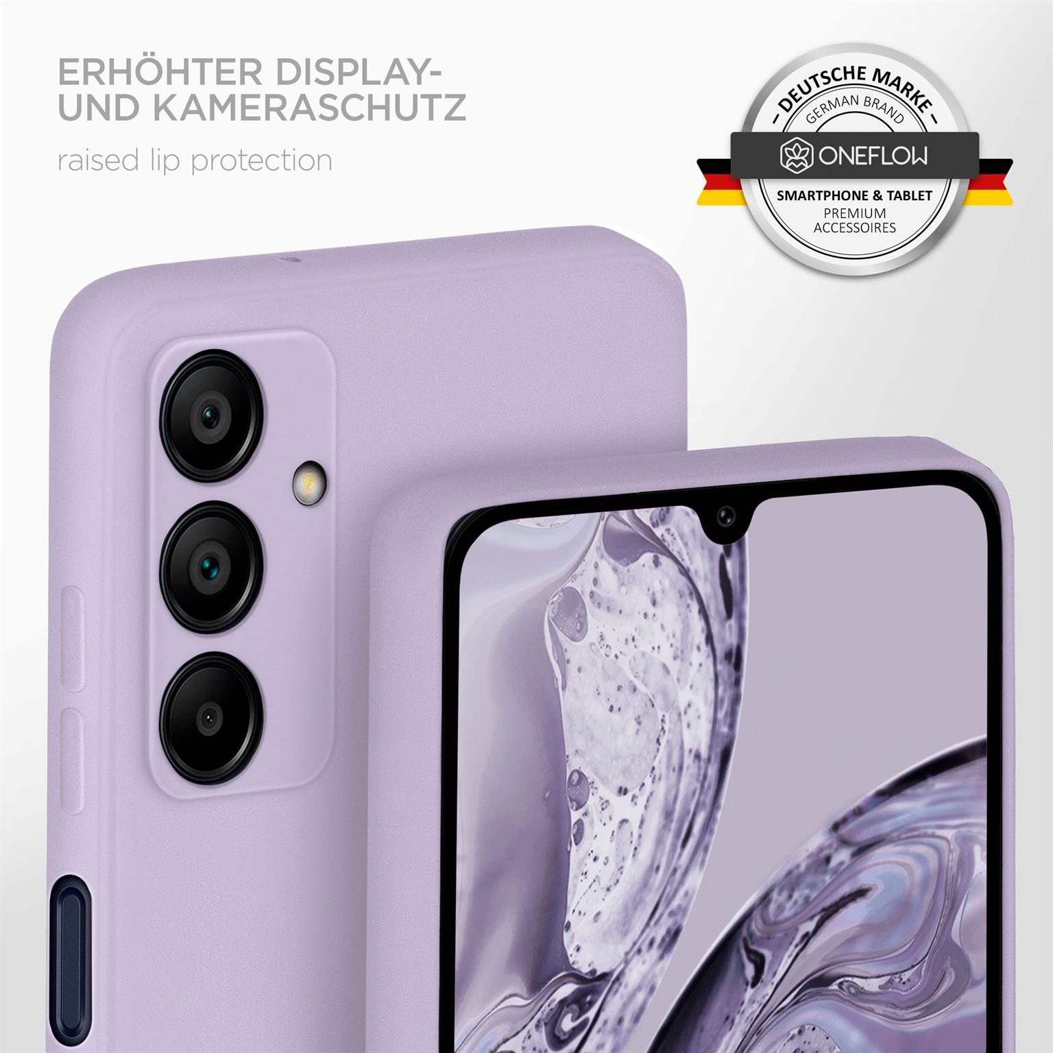 Lila Handyhülle mit Kameralinsen, deutschem Markenlogo und Telefonbildschirm.