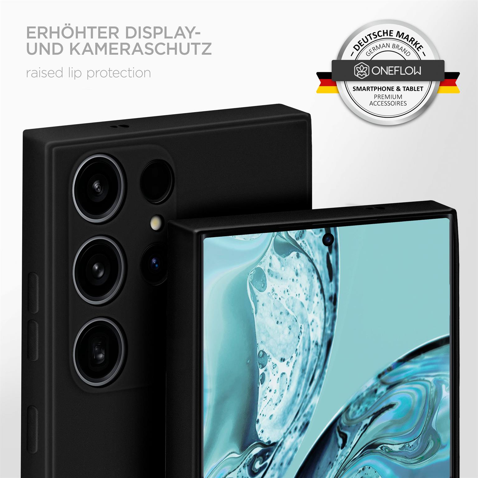 Schwarze Handyhülle mit erhöhten Kanten. Ein Telefonbildschirm ist sichtbar. Der Hintergrund enthält Text und ein Markenlogo.