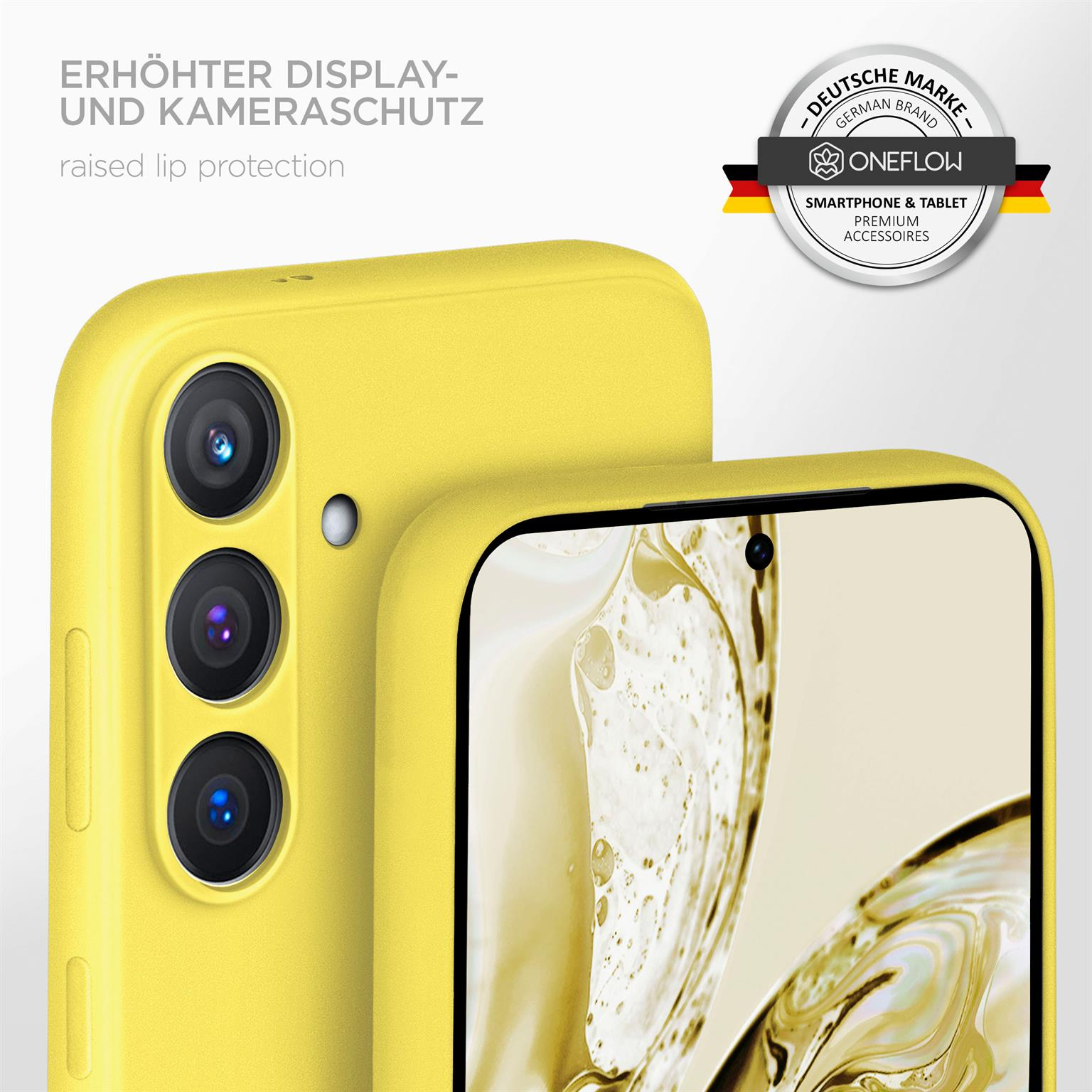 Eine gelbe Handyhülle, der Kamerabereich hervorgehoben. Ein Telefon ist sichtbar.