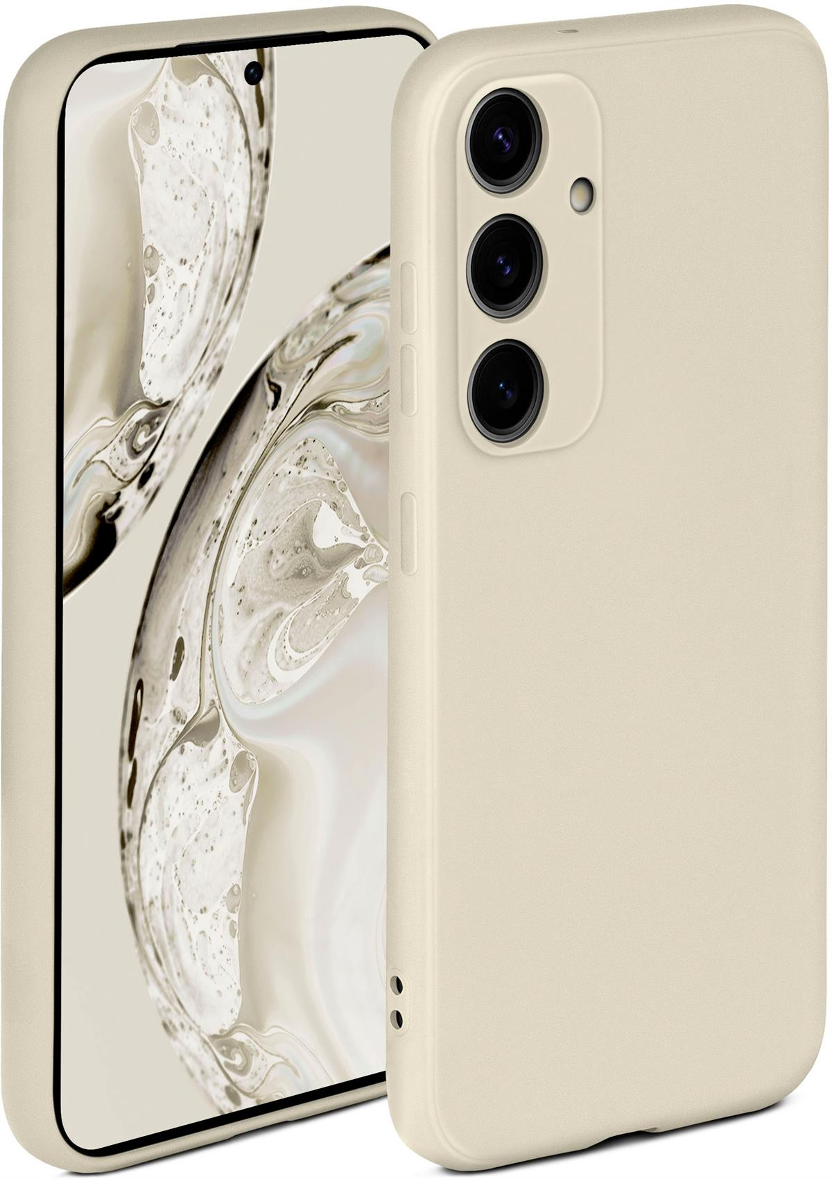 Eine beige Handyhülle mit Telefon. Verschwommener Hintergrund.
