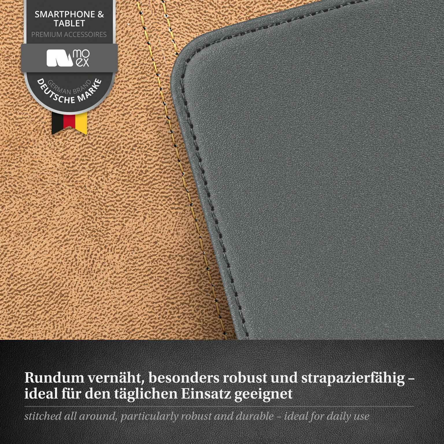 Graue Handyhülle auf braunem Untergrund. Mit Naht, deutschem Logo.