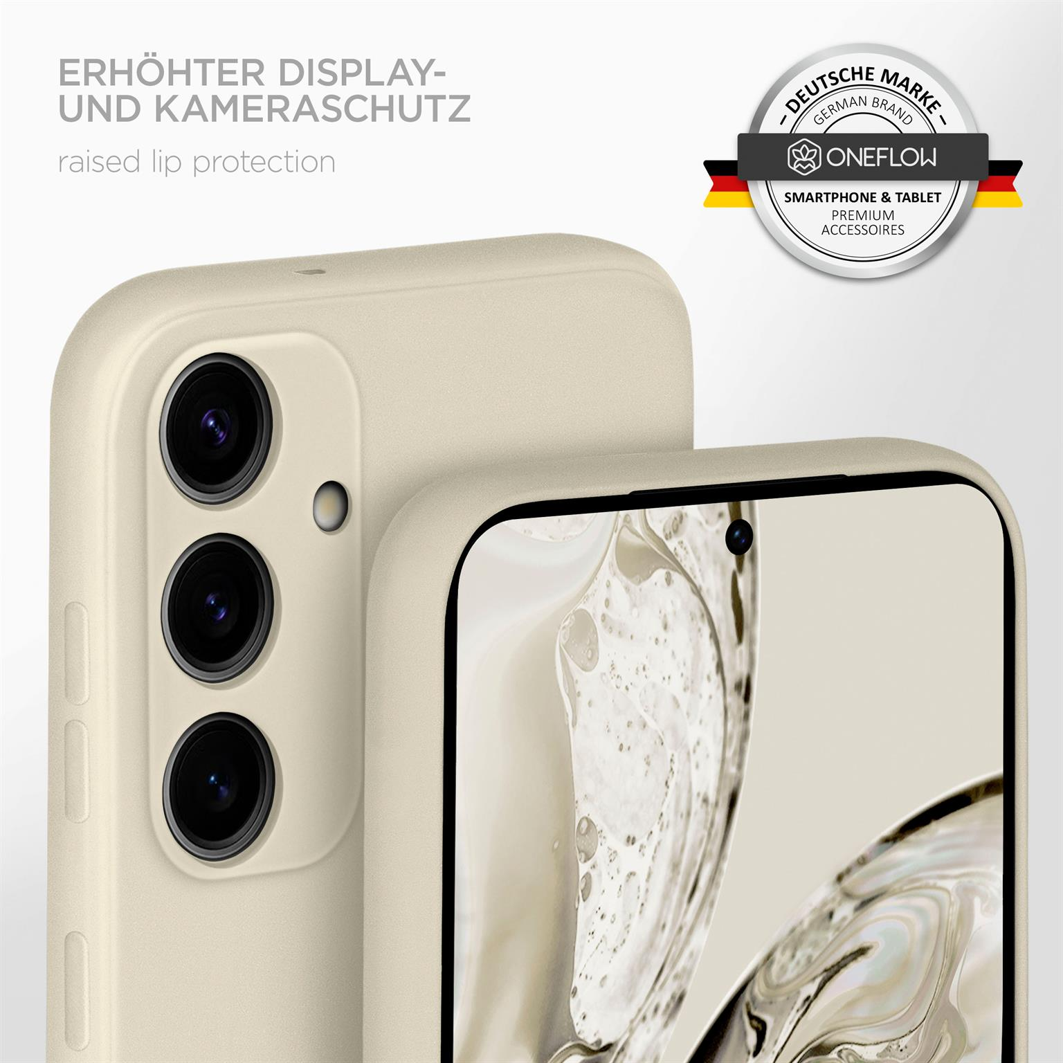 Beige Handyhülle mit erhöhtem Lippenschutz und einem Telefon. Im Hintergrund ist ein Logo zu sehen.