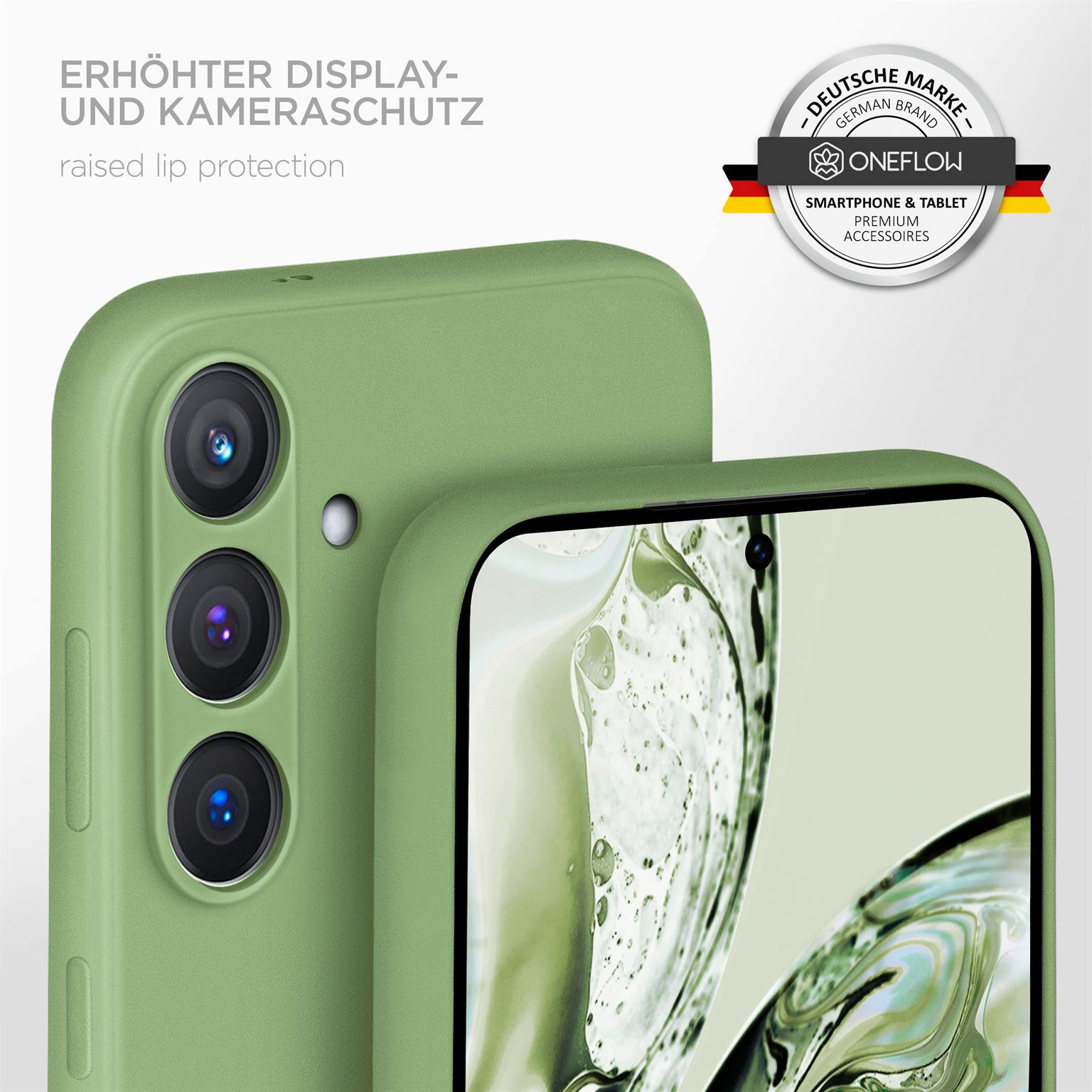 Grüne Handyhülle mit erhöhten Kanten, zeigt die Kamera. Logo vorhanden.