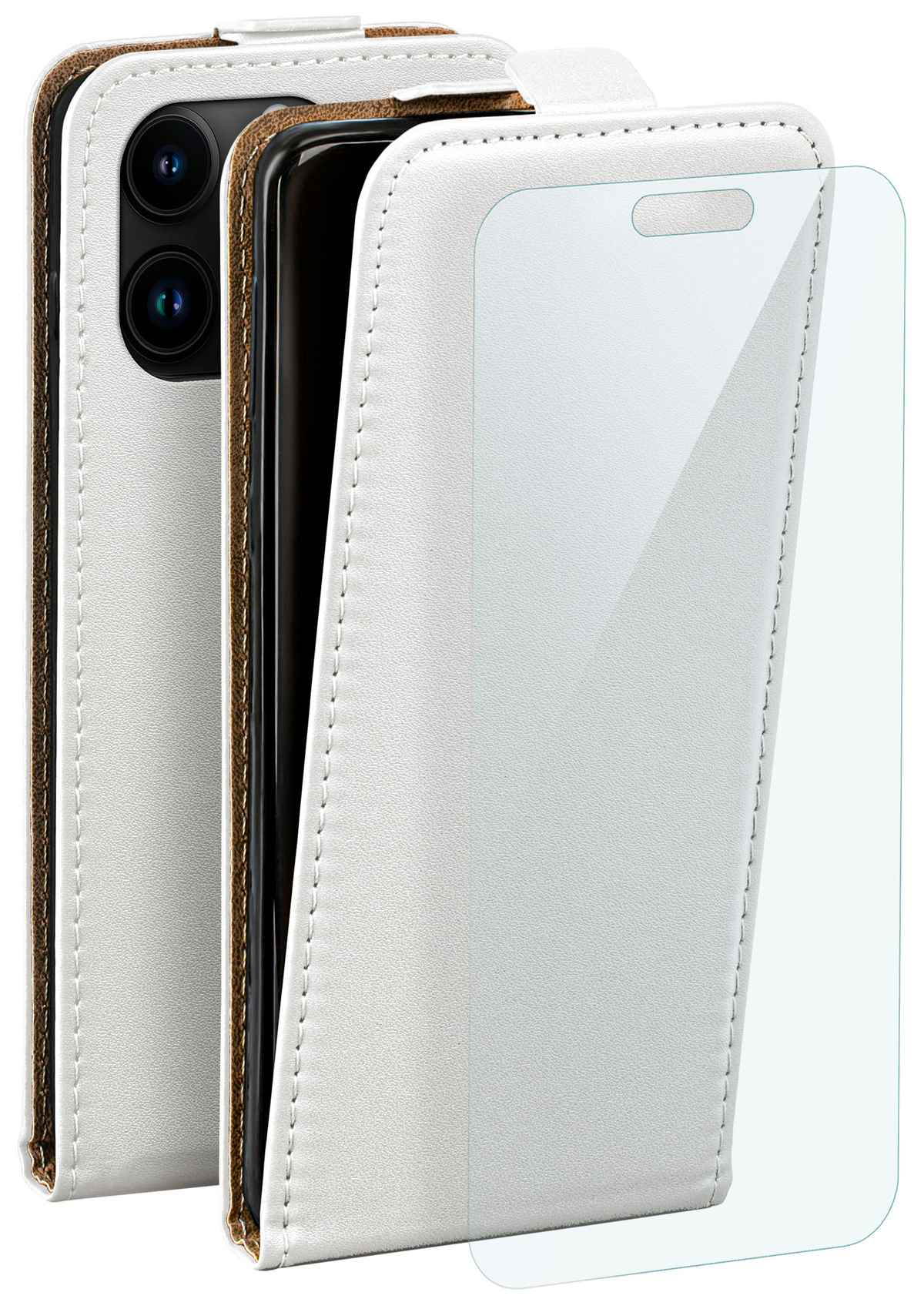 Weiße Leder-Handyhülle mit Displayschutzfolie und Telefon. Die Hülle ist geöffnet.