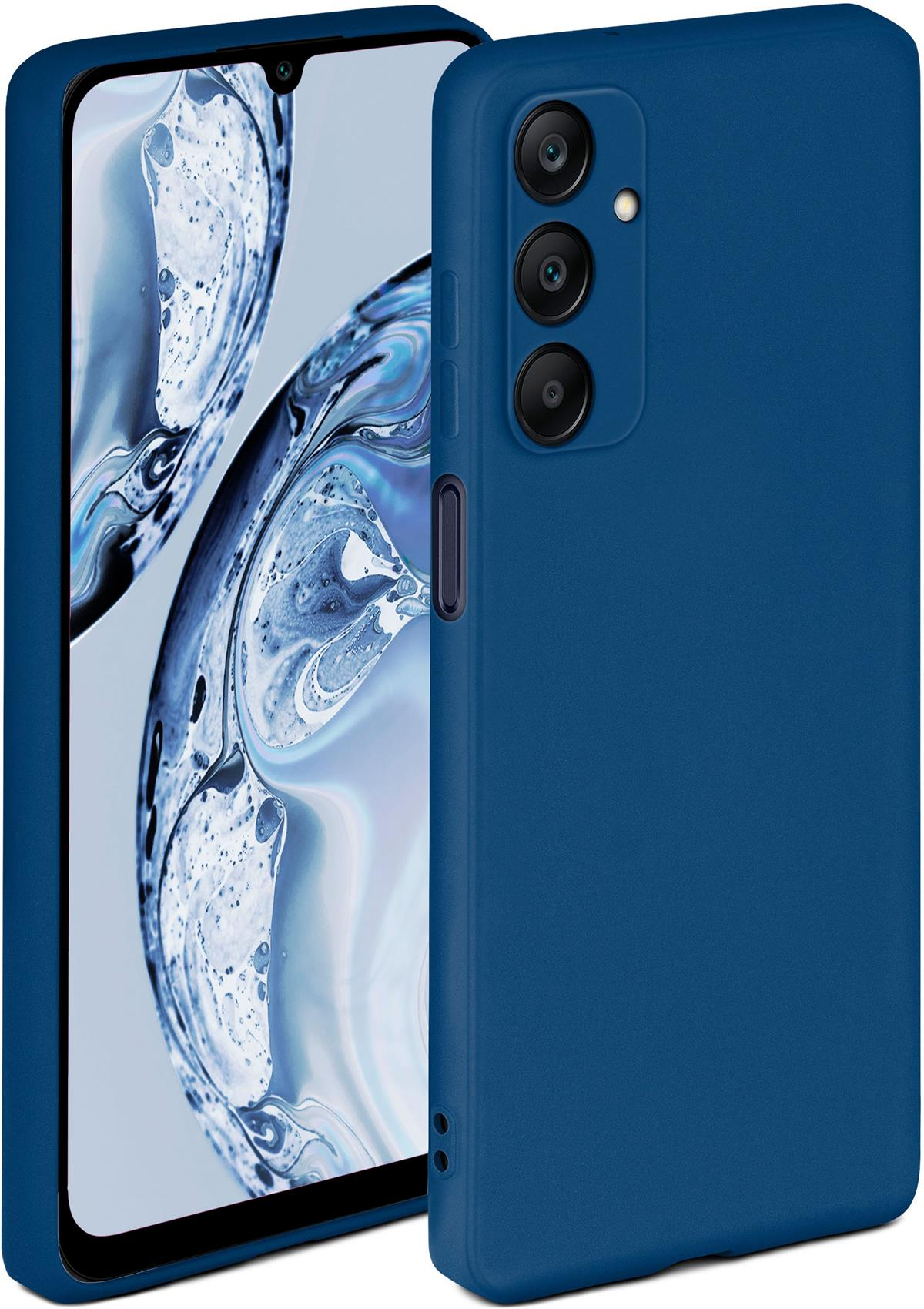 Eine blaue Handyhülle mit einem Telefon links. Rückseite der Hülle rechts.