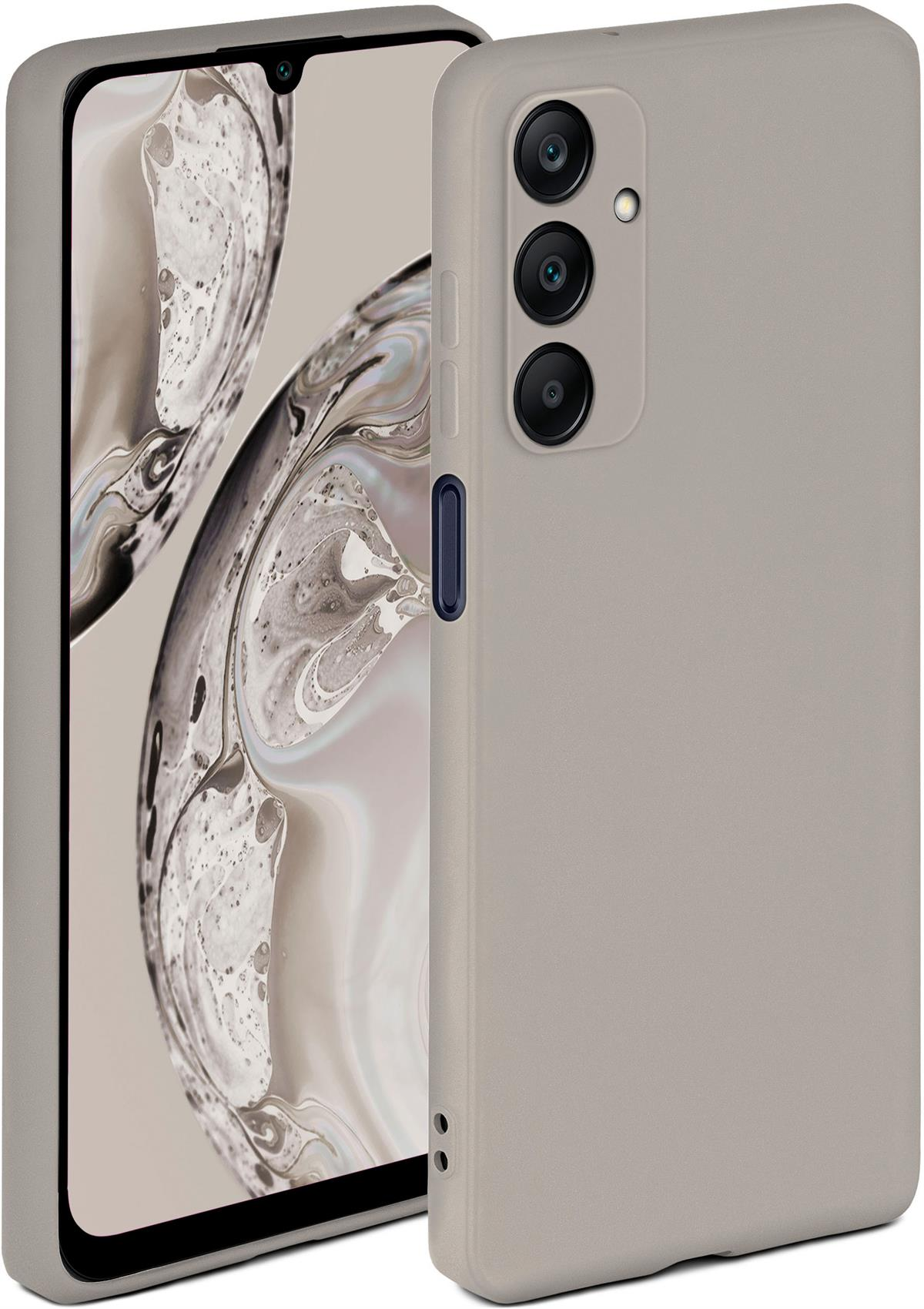 Beige Handyhülle mit einem Telefon und Kameraausschnitten. Weißer Hintergrund.