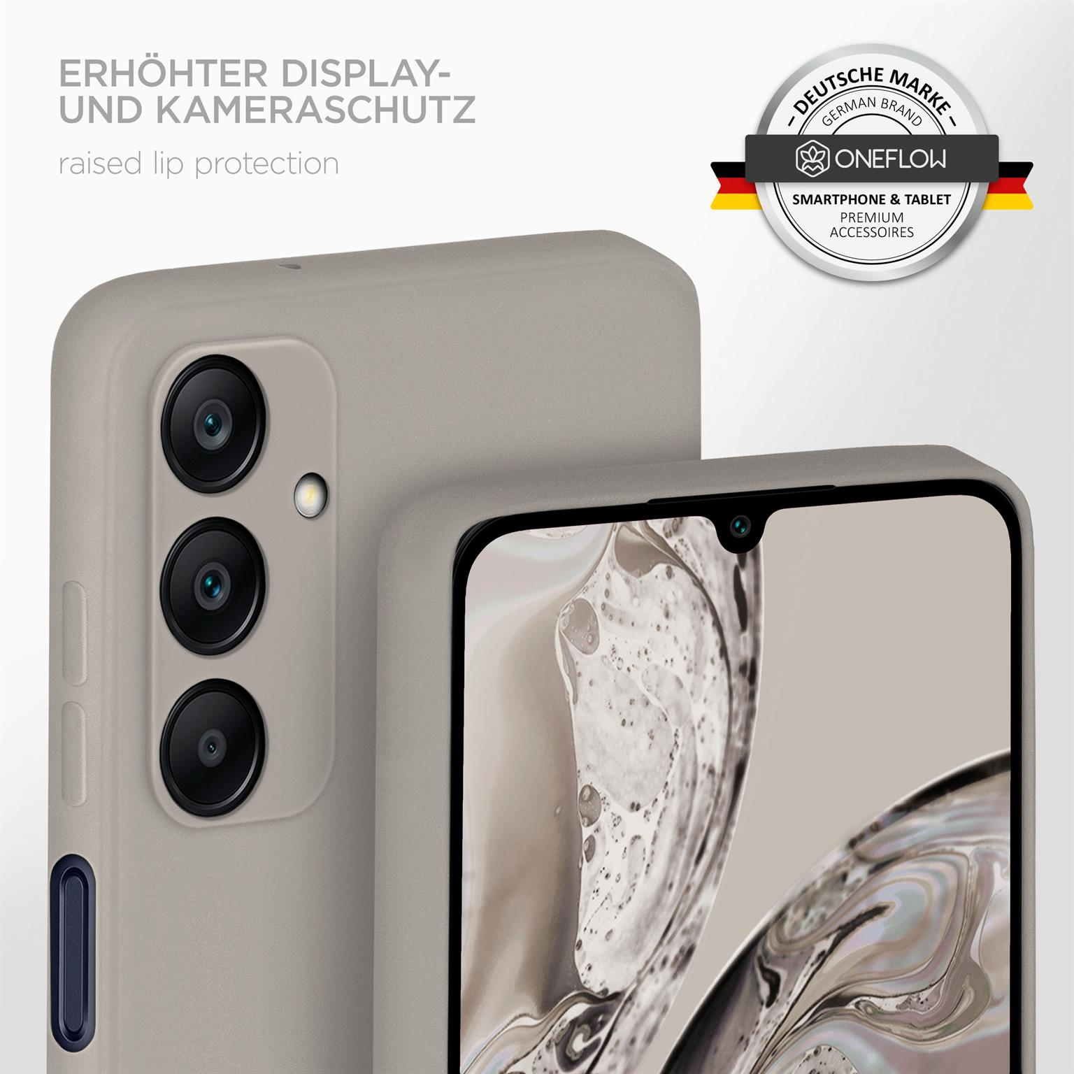 Nahaufnahme einer Handyhülle mit erhöhten Rändern. Telefon und Hülle in Hellgrau. Text: Erhöhter Schutz.