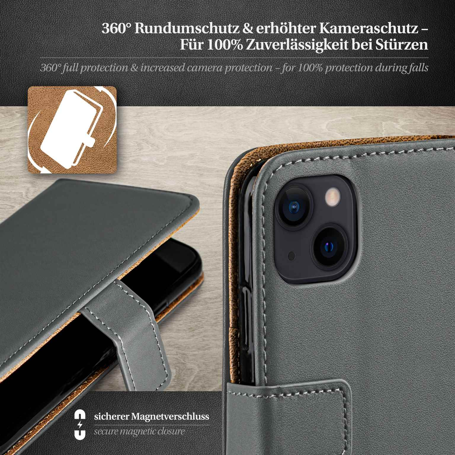 Graue Handyhülle mit Telefon innen, mit Magnetverschluss.
