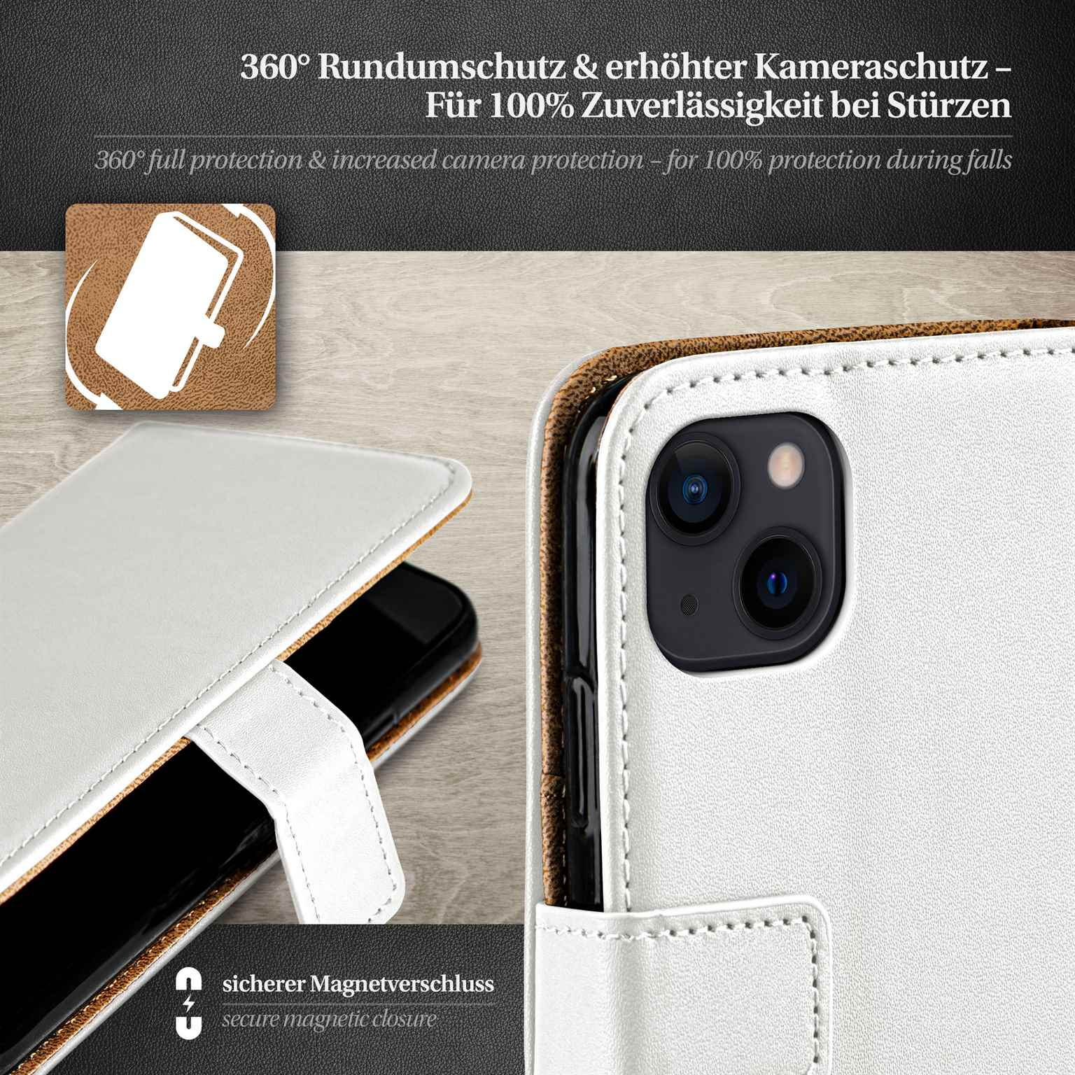 Weiße Handyhülle mit Telefon, sicherer Magnetverschluss.