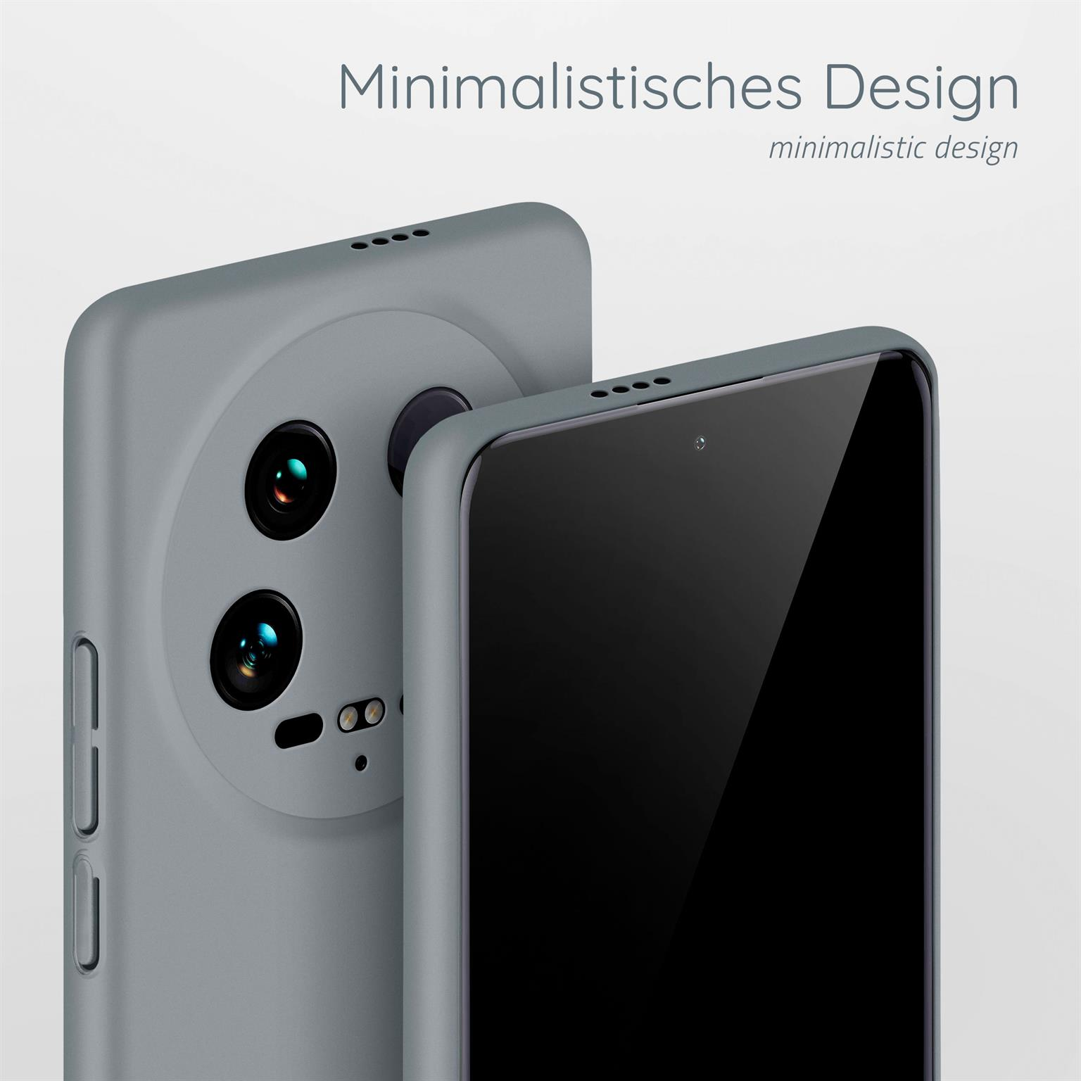 Zwei graue Handyhüllen, eine zeigt die Rückseite, die andere den Bildschirm. Weißer Hintergrund.