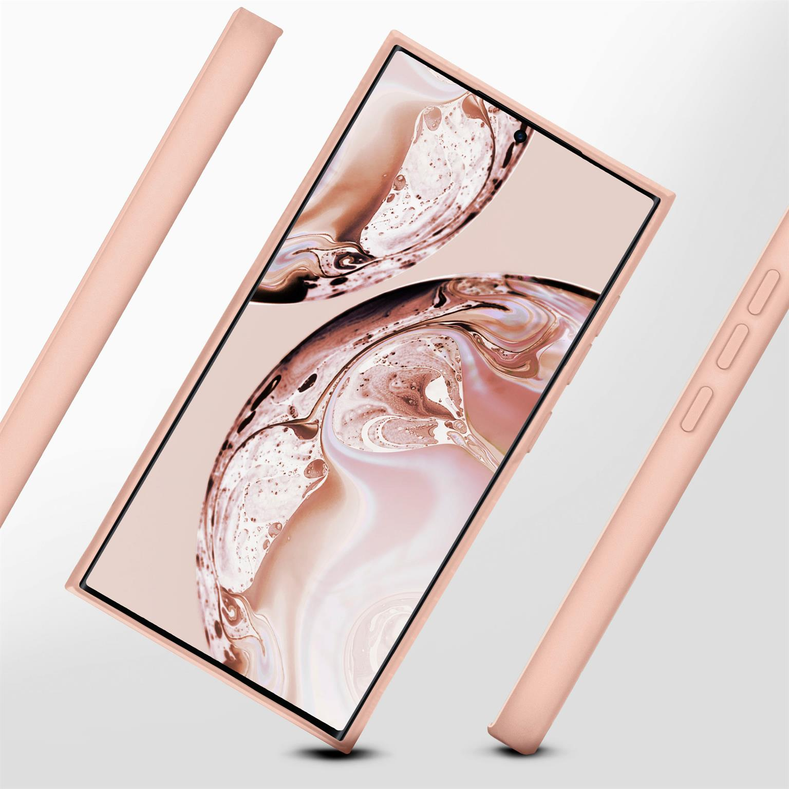 Rosa Handyhülle, Telefon darin. Rosa Hintergrund, mit hellrosa Hintergrund.