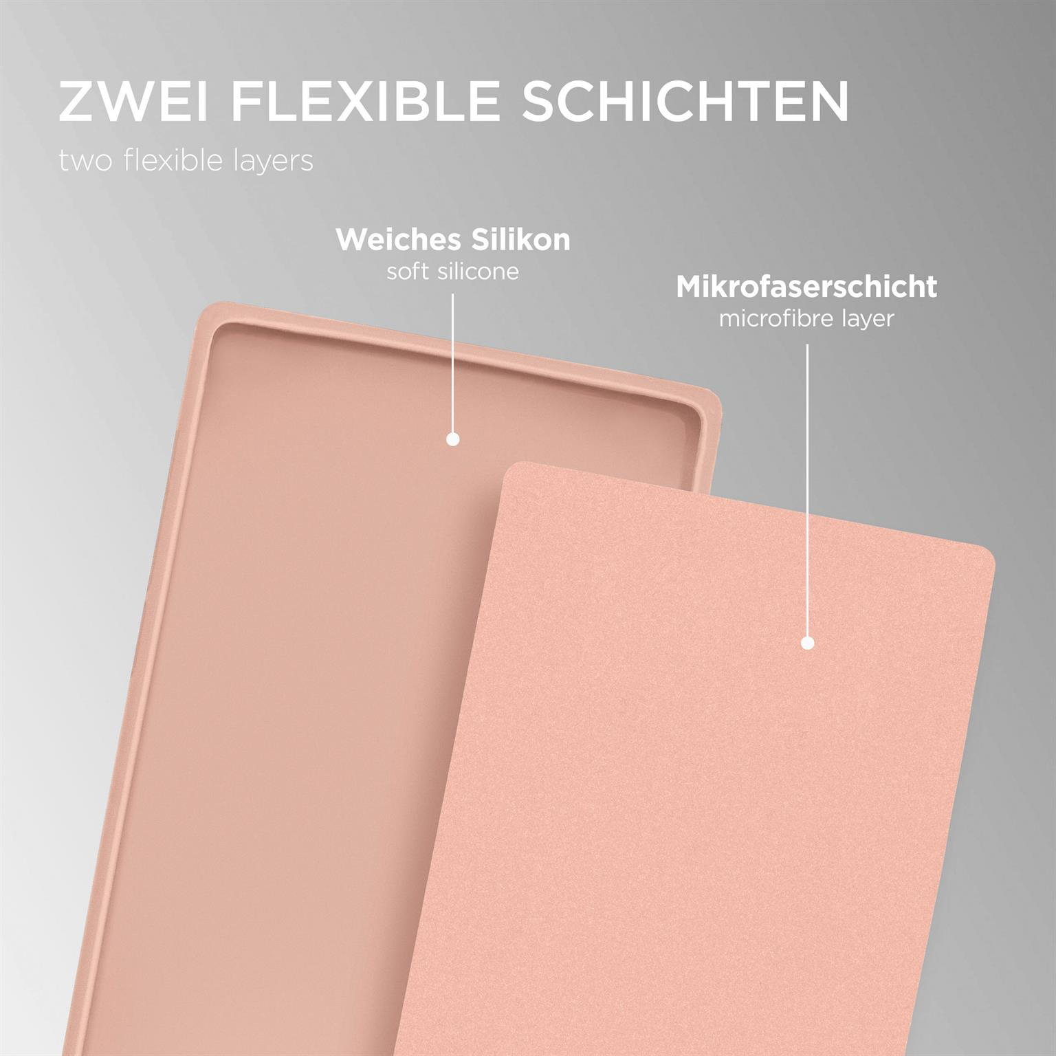 Zwei rosafarbene Schichten, weiches Silikon und Mikrofaser, mit Textbeschriftungen.