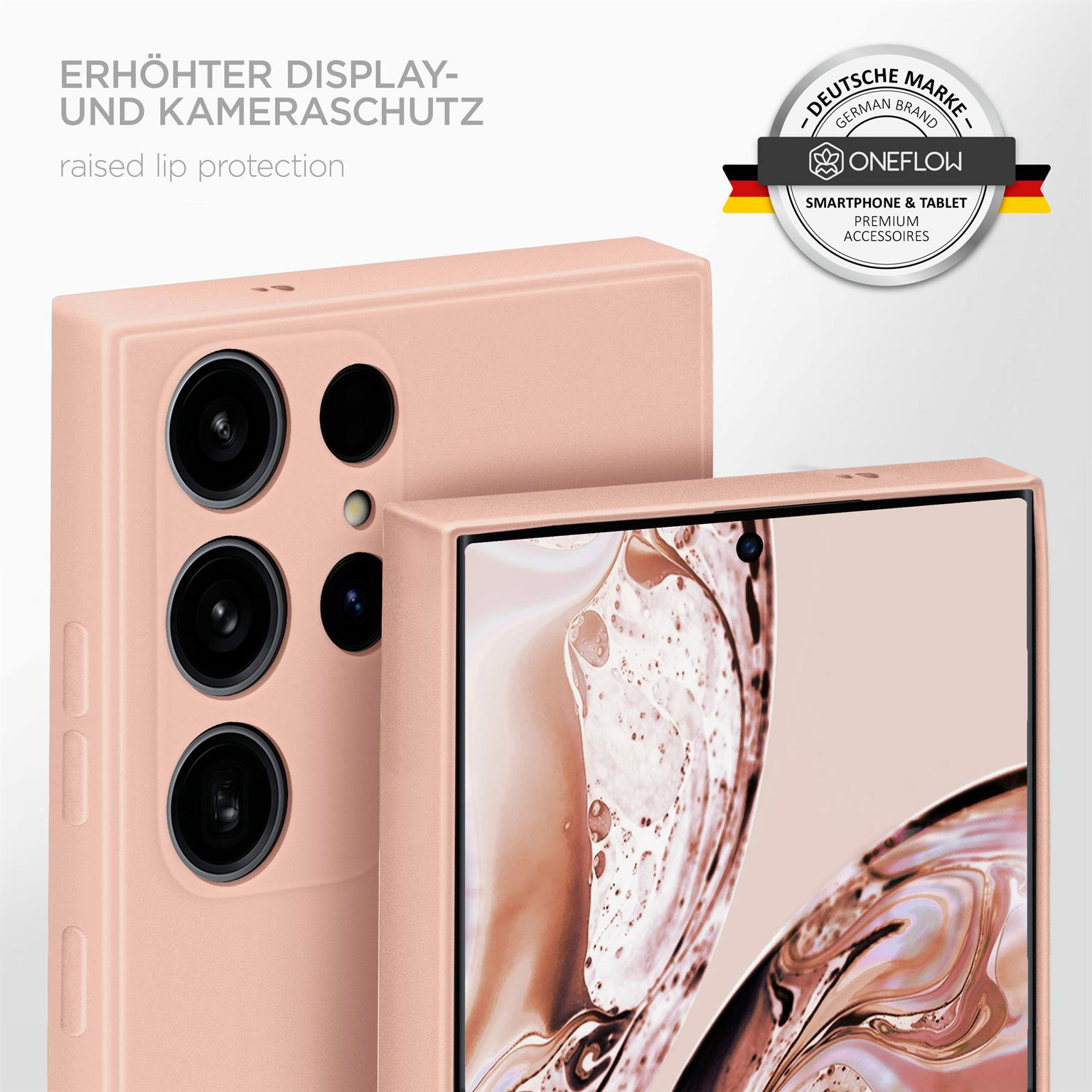 Rosafarbene Handyhülle mit Telefon. Erhöhter Lippenschutz. Logo oben.