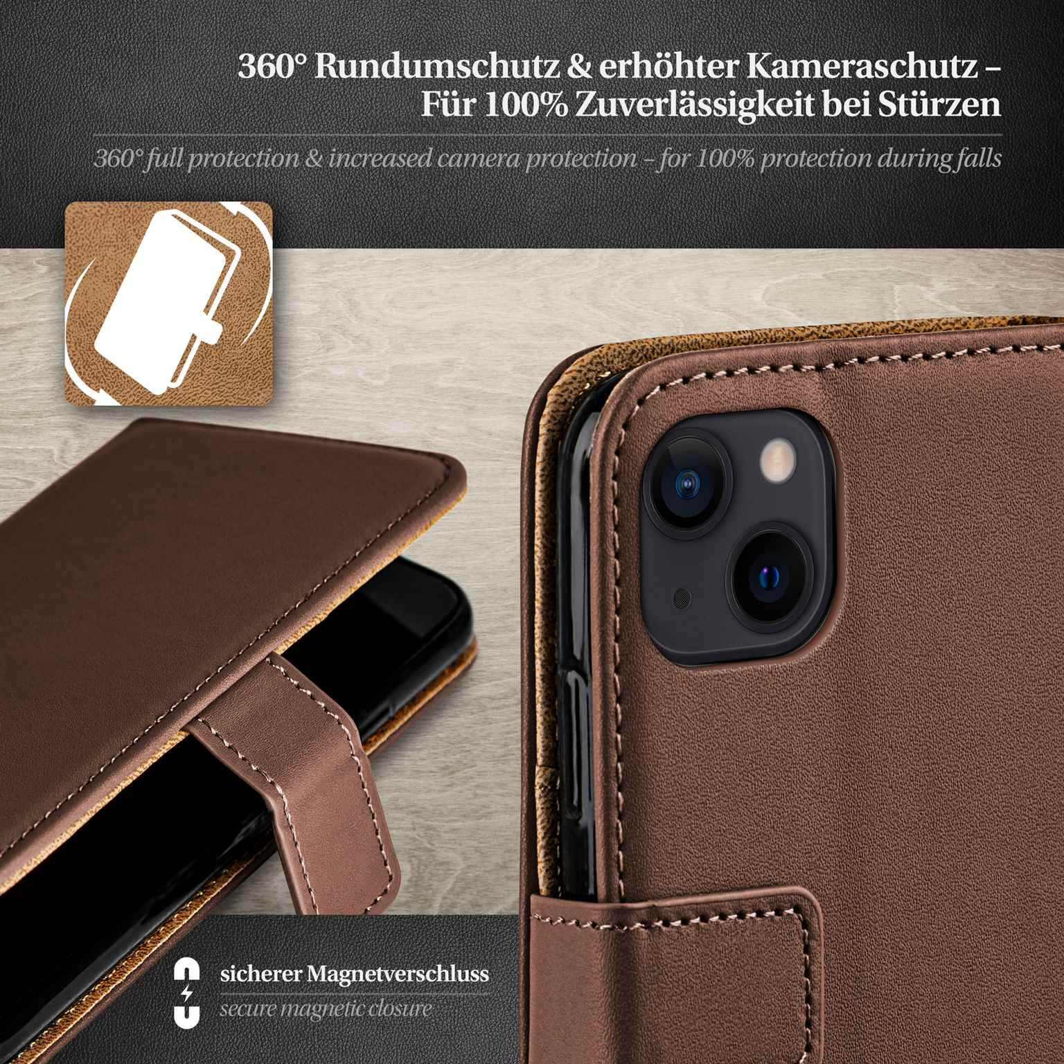 Braune Handyhülle mit Telefon. Text unten, Lederhintergrund.