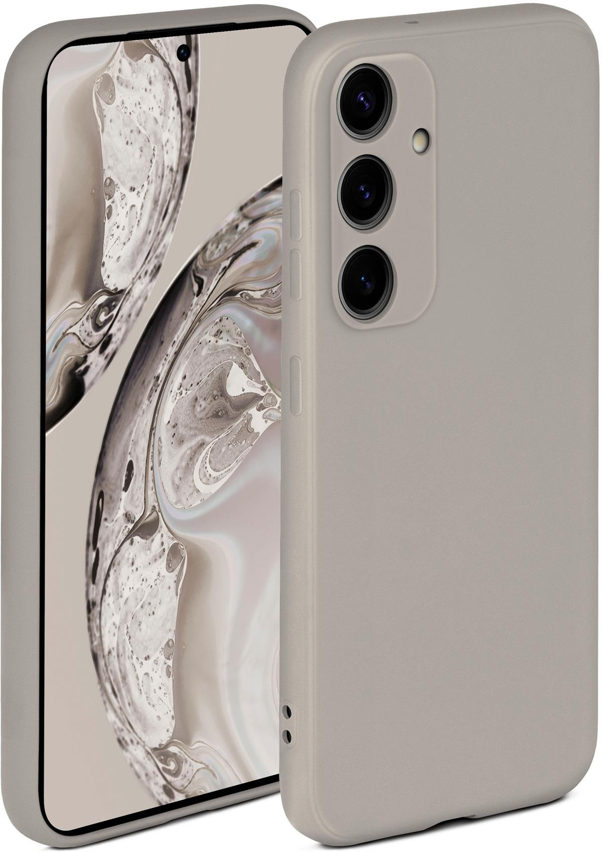 Graue Handyhülle mit Telefon darin. Weißer Hintergrund.