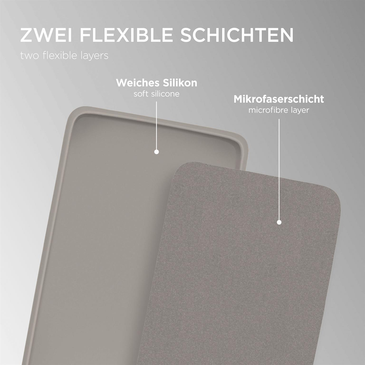 Zwei Schichten Displayschutz, eine weiche Silikonschicht und eine Mikrofaserschicht.