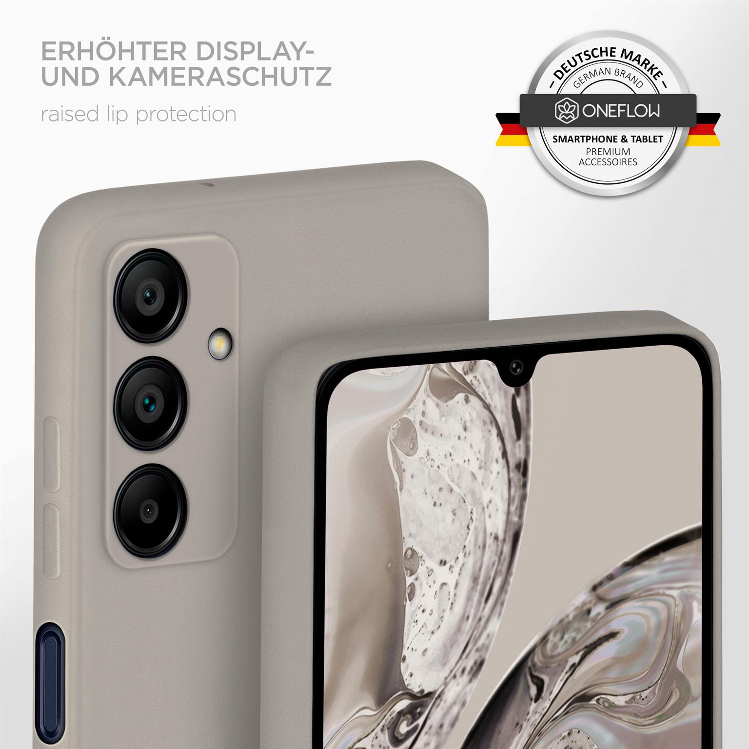 Nahaufnahme einer grauen Handyhülle, die ein Telefon schützt.