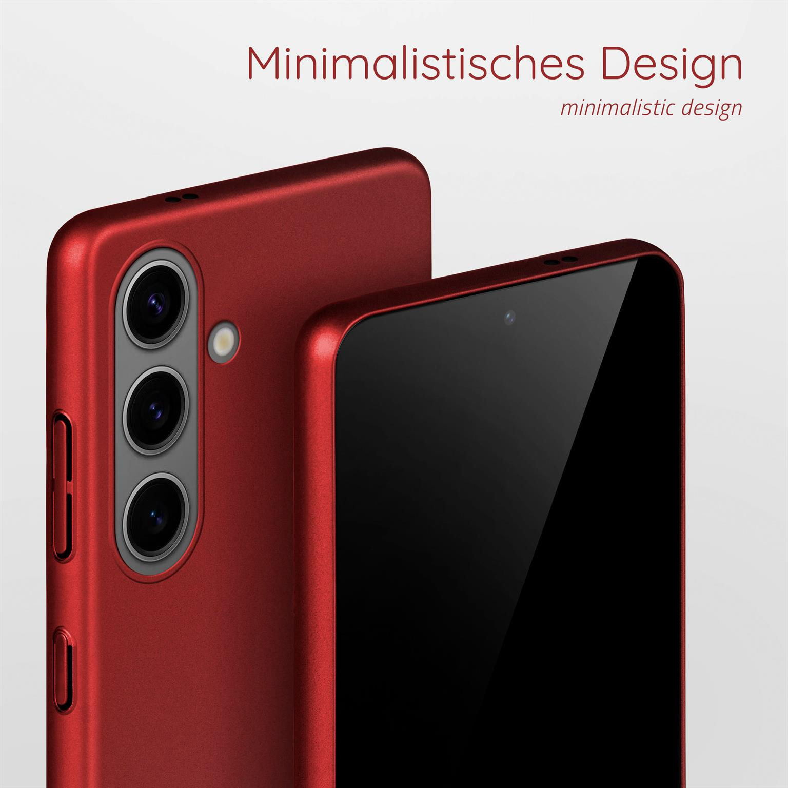 Rote Handyhülle mit drei Kameras, ein schwarzer Bildschirm ist sichtbar.