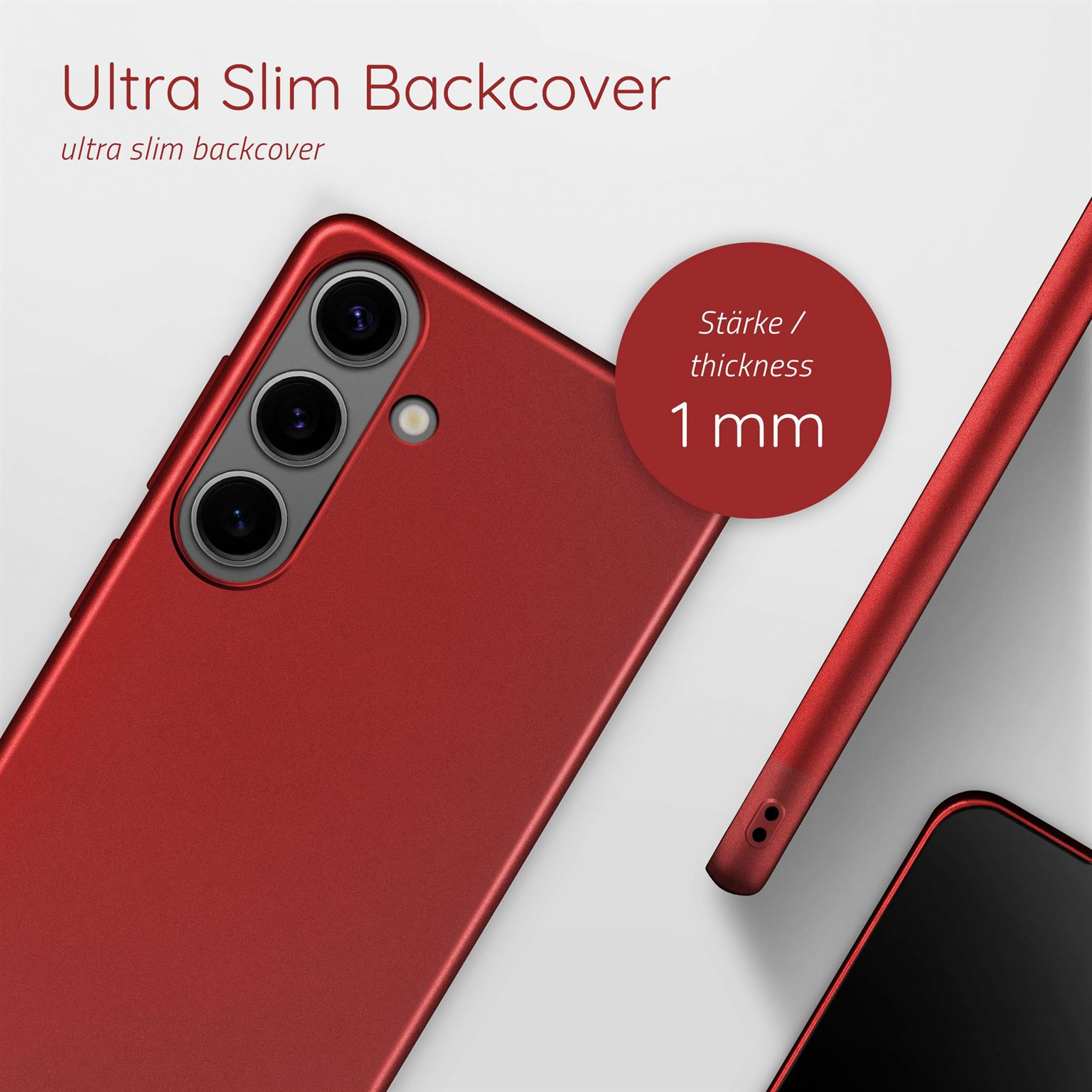 Rote Handyhülle mit 1mm Dicke Beschreibung. Weißer Hintergrund.
