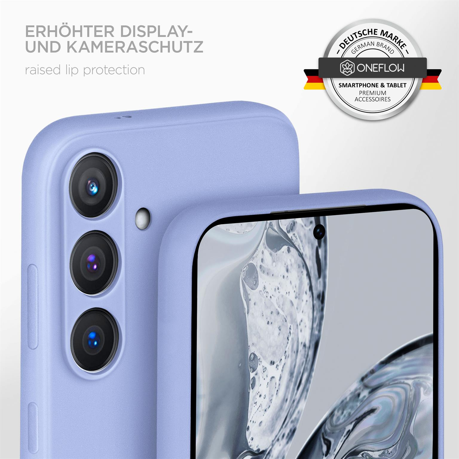 Telefon in Hülle. Erhöhter Lippenschutz. Logo oben. Lila Farbe.