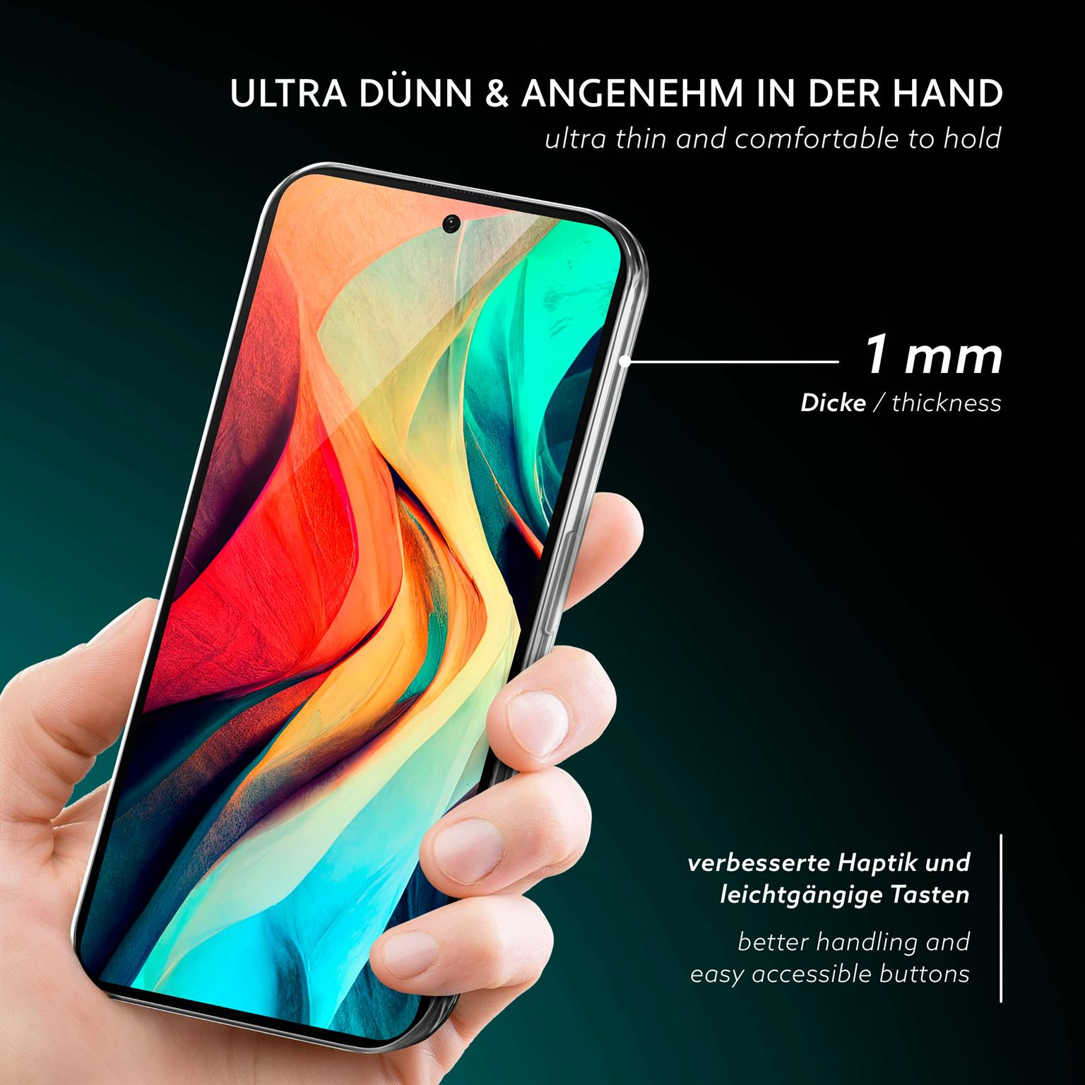Telefon in der Hand, dünn mit 1 mm Dicke, und schwarzer Hintergrund.