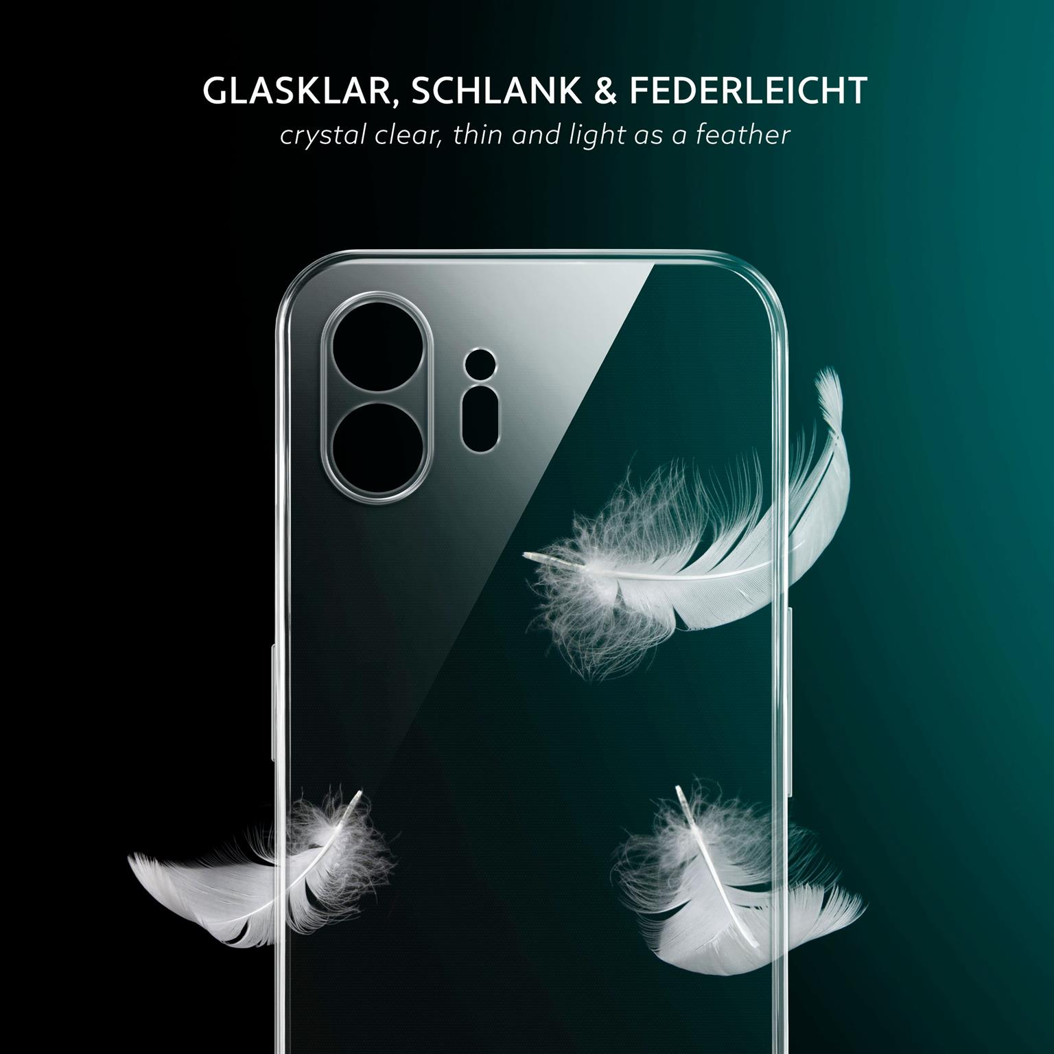 Eine Handyhülle mit klarer Rückseite und weißen Federn, die vor einem dunklen Hintergrund schweben.