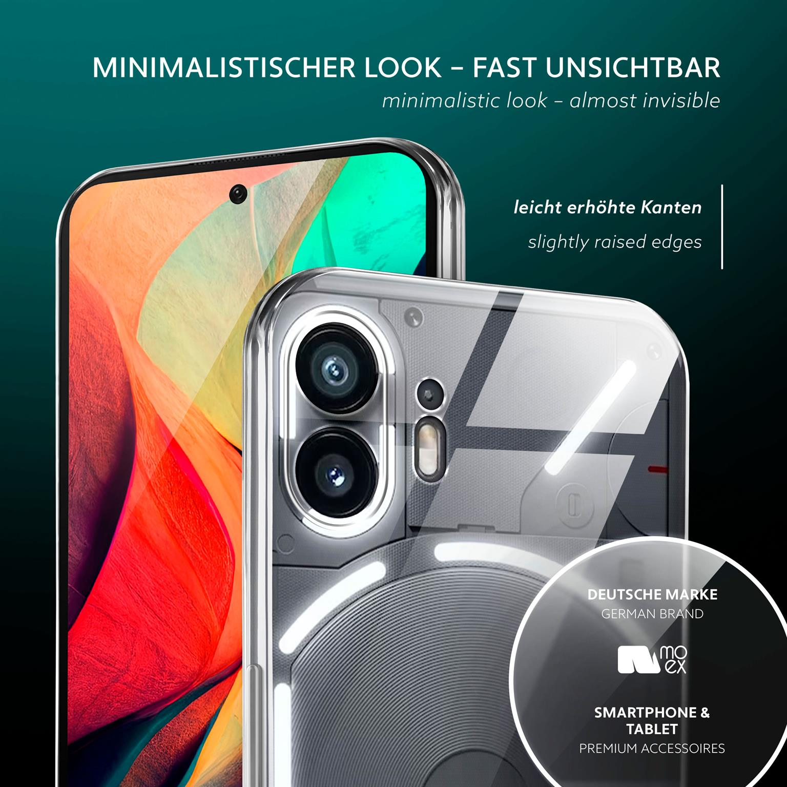 Telefon mit transparenter Hülle. Die Rückseite des Telefons ist sichtbar. Text auf der Hülle sagt deutsche Marke.