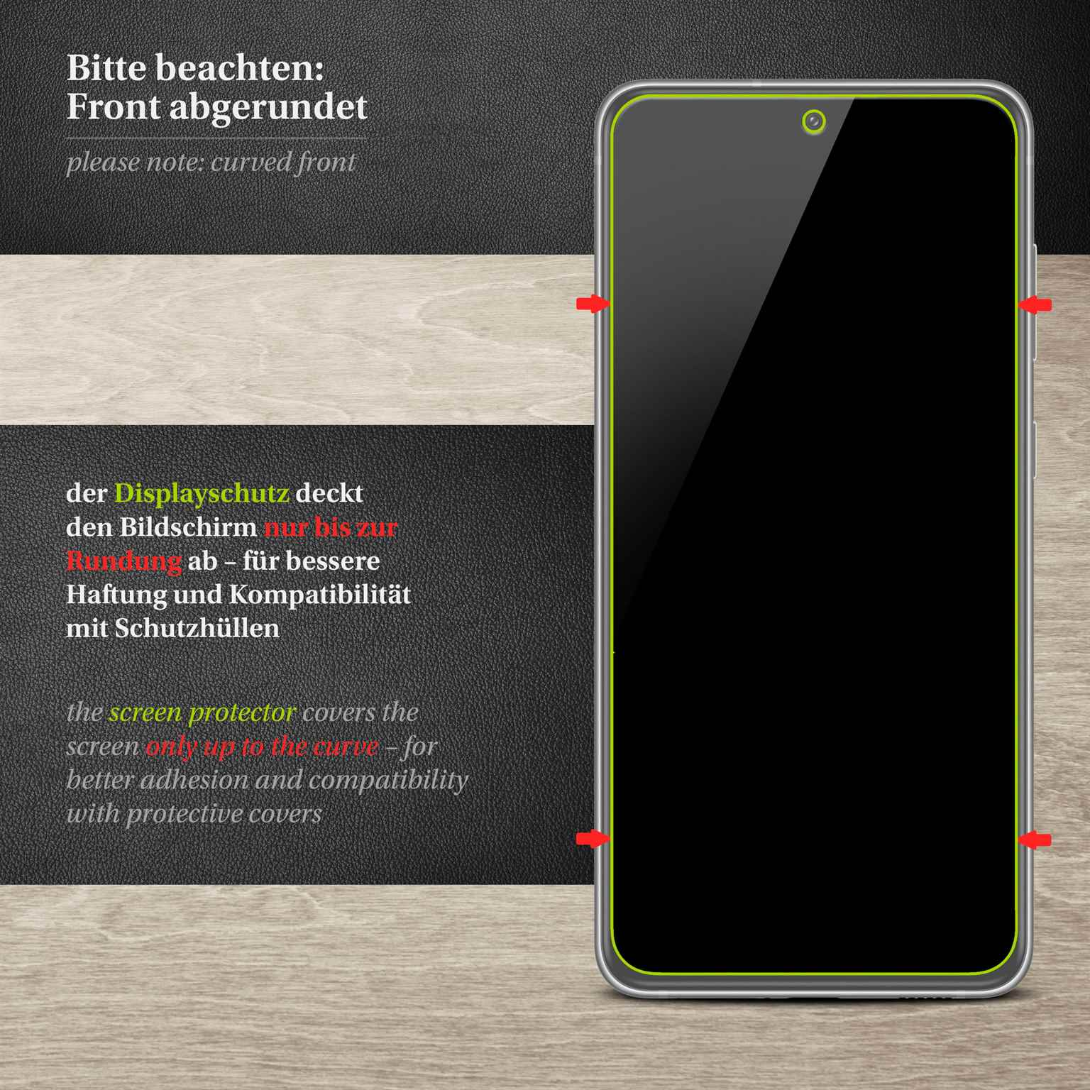 Displayschutzfolie auf einem Telefon. Text und Pfeile zeigen die Abdeckung.