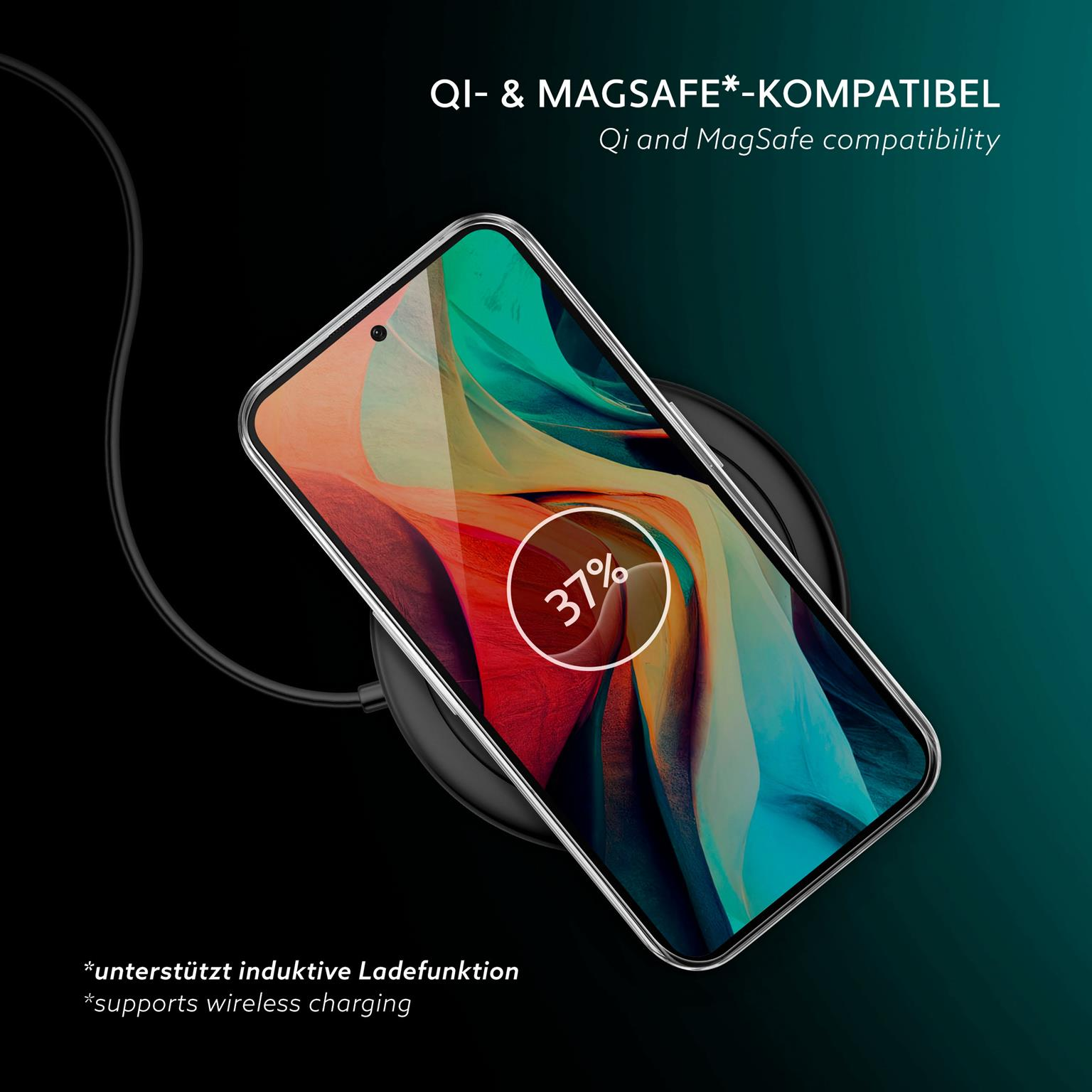 Telefon mit klarer Hülle, kabellos auf schwarzem Kreis geladen. Display zeigt 37% Ladung.