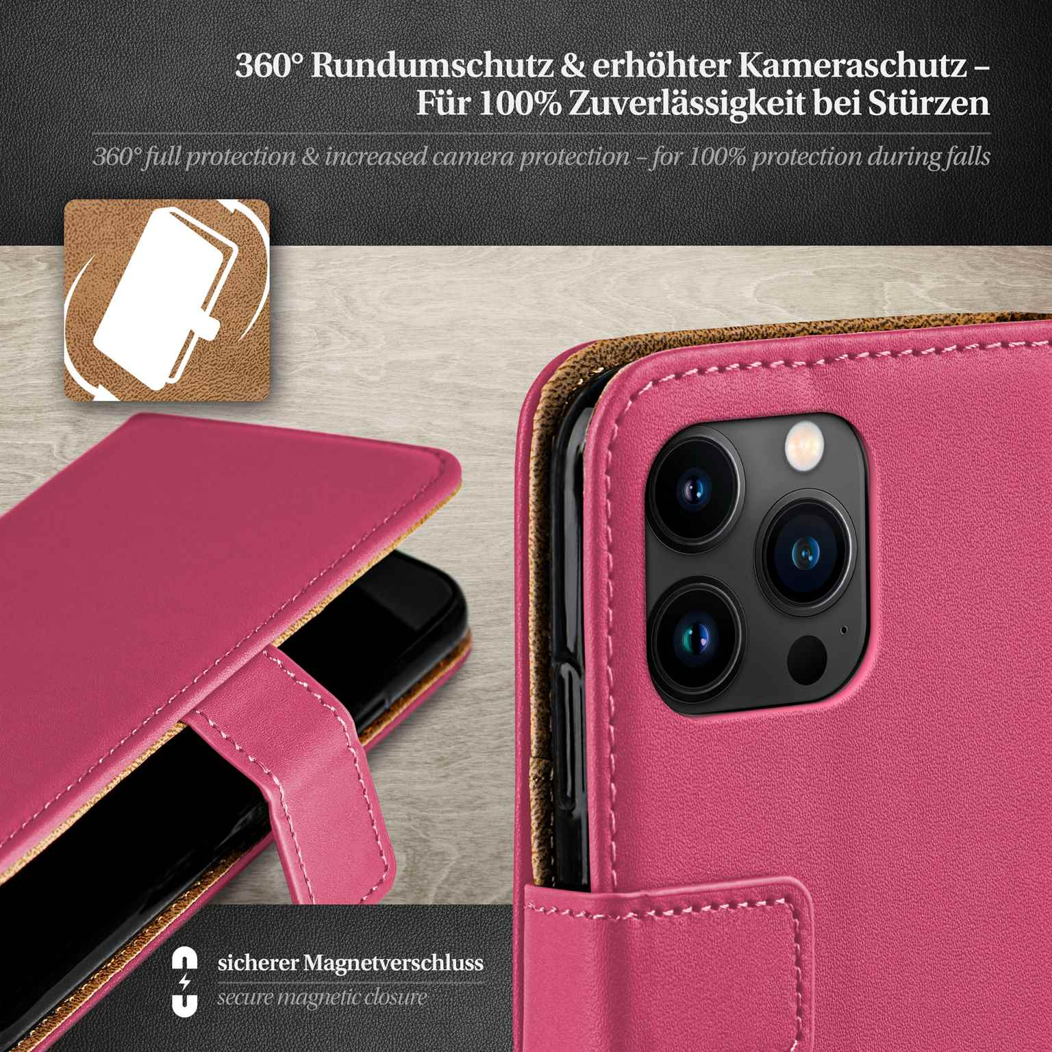 Rosa Handyhülle mit Telefon. Text über 360° Schutz, Magnetverschluss.