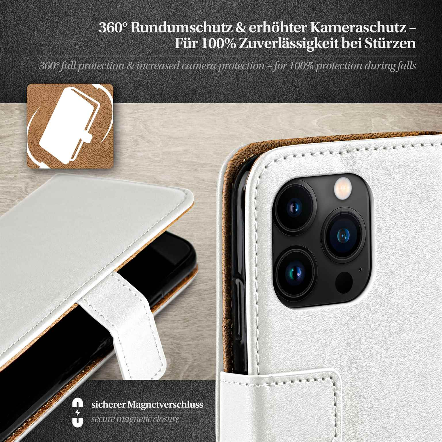Eine weiße Handyhülle mit einem Telefon darin. Zeigt einen Magnetverschluss und Kameraschutz.