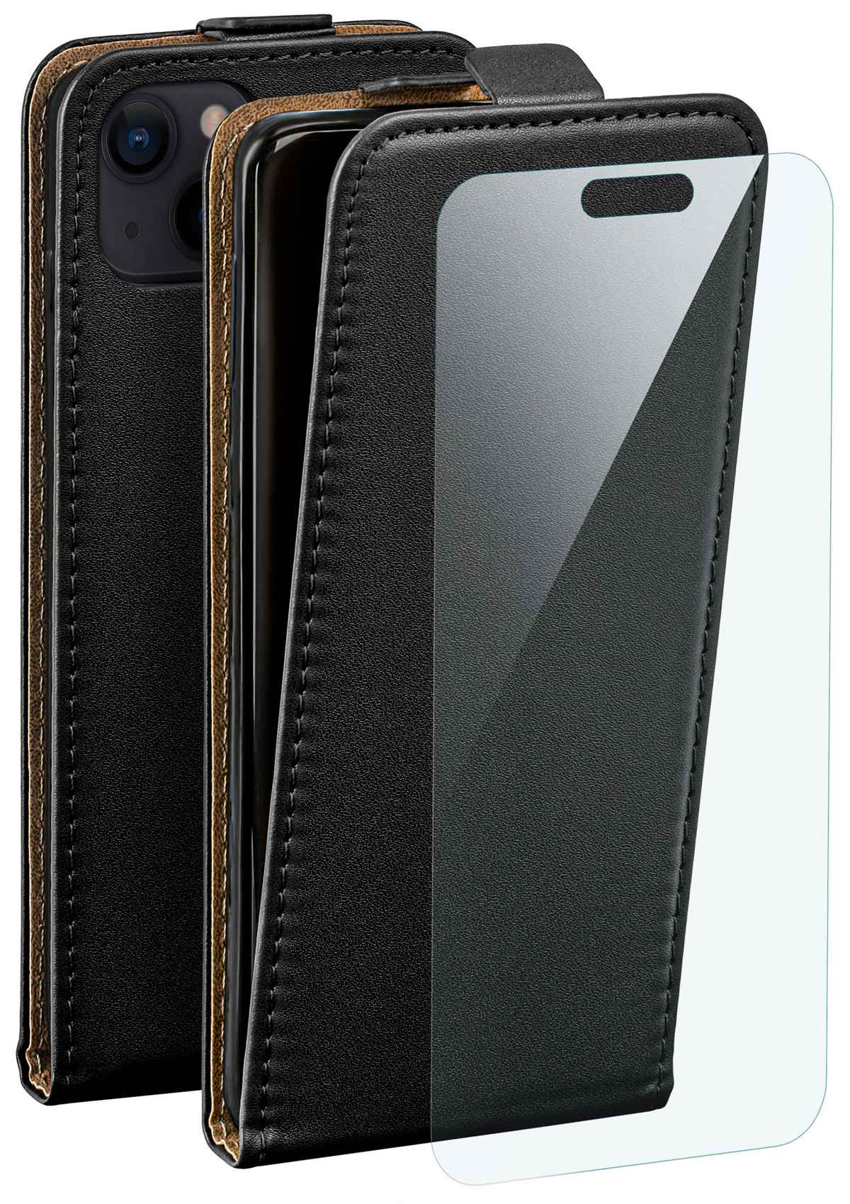 Schwarze Handyhülle mit geöffneter Klapphülle, Displayschutz und Telefon links.