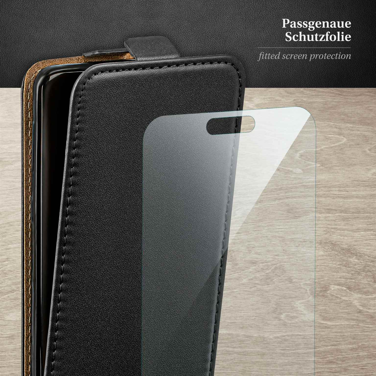 Schwarzes Telefon in schwarzer Hülle, mit einer Displayschutzfolie.